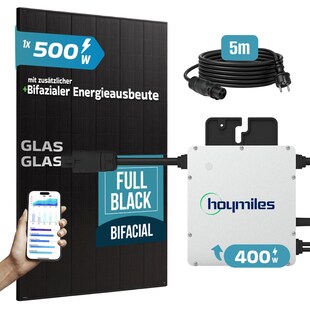 SUNNIVA® 500W Balkonkraftwerk BIFAZIAL FULLBLACK komplett Steckdose HOYMILES 400 Watt Wechselrichter, PV Solaranlage Komplettset, 1x 500W N-Type Glas-Glas Bifacial Solarmodule, 5m Kabel 
