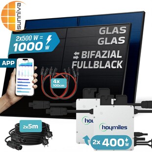SUNNIVA® 1000W Balkonkraftwerk BIFAZIAL FULLBLACK komplett Steckdose HOYMILES 2x 400 Watt Wechselrichter, PV Solaranlage Komplettset, 2x 500W N-Type Glas-Glas Bifacial Solarmodule, 2x 5m Kabel 