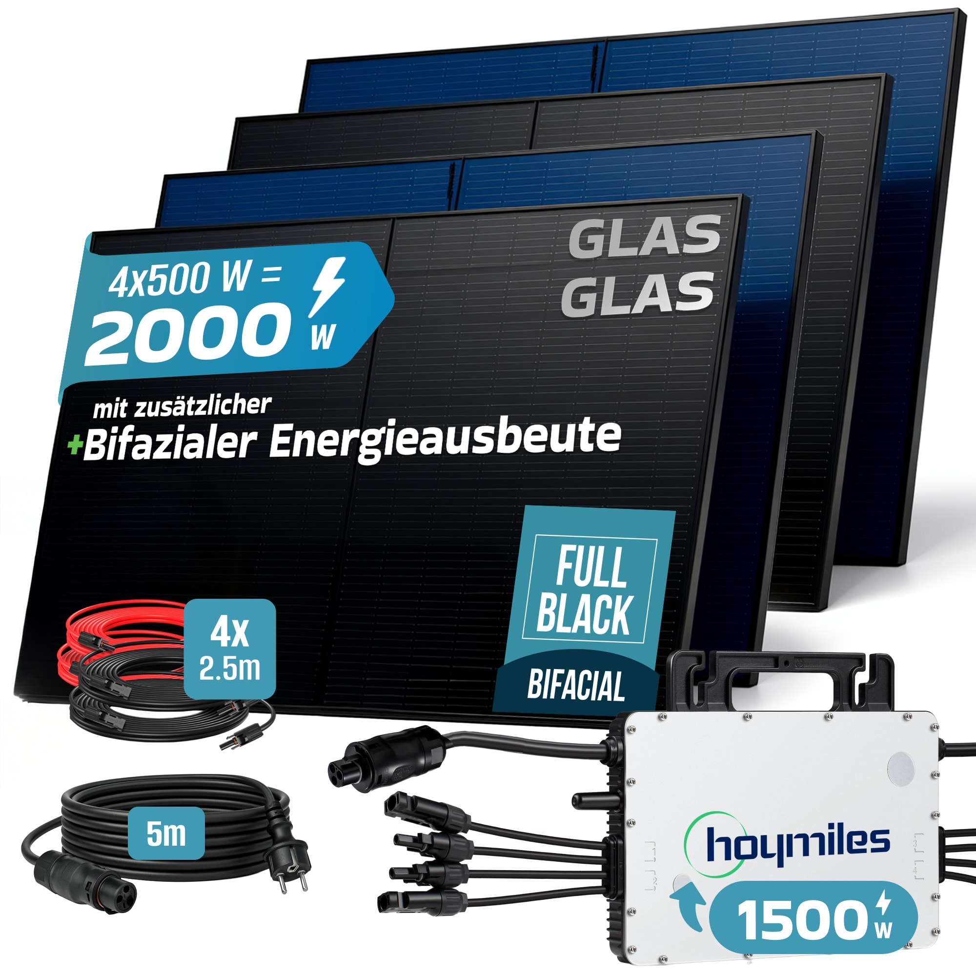 SUNNIVA&reg; 2000W Balkonkraftwerk BIFAZIAL FULLBLACK komplett Steckdose HOYMILES 1500 Watt Wechselrichter, PV Solaranlage Komplettset, 4x 500W N-Type Glas-Glas Bifacial Solarmodule, 5m Kabel 