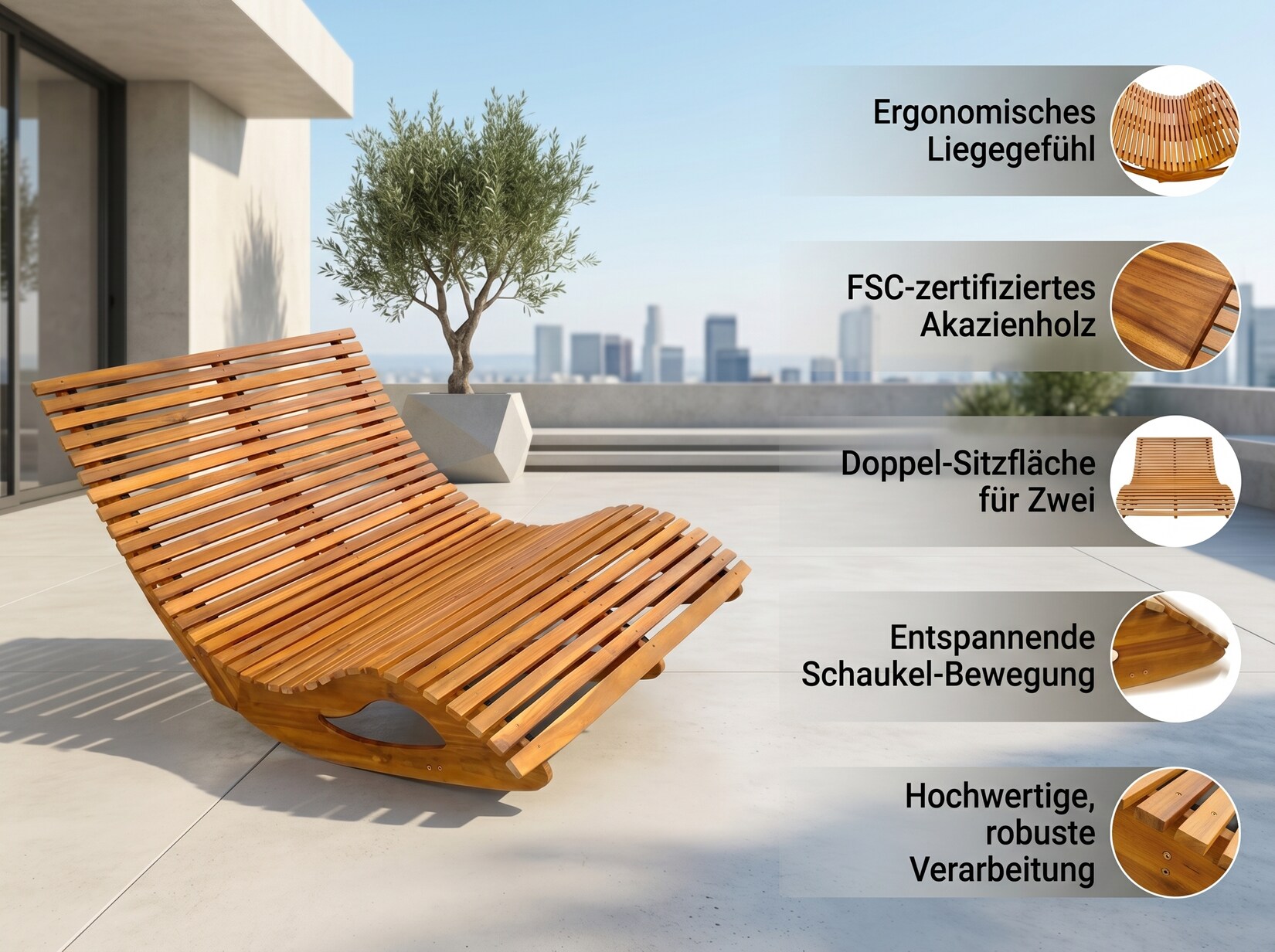 Ergonomische Doppelschwungliege aus Akazienholz - FSC® zertifiziert