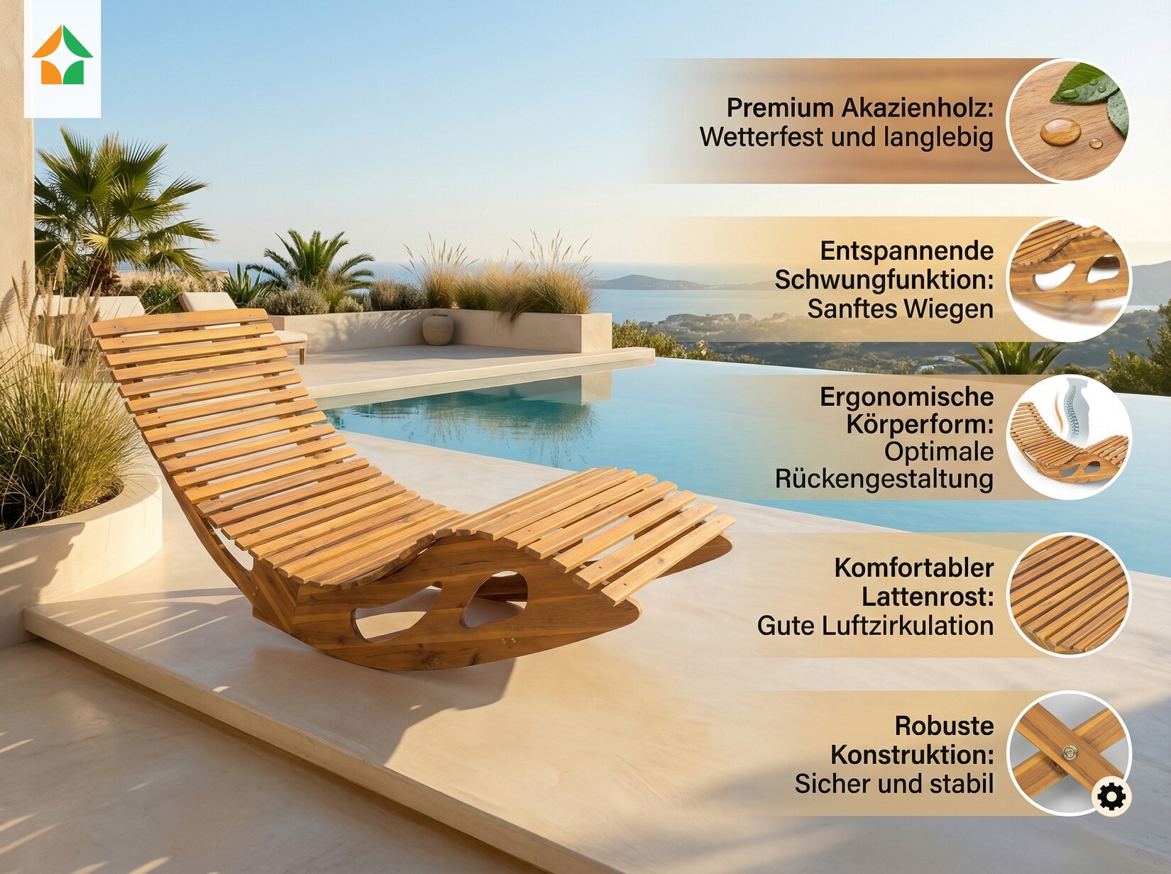 Ergonomische Schwungliege aus Akazienholz - FSC® zertifiziert