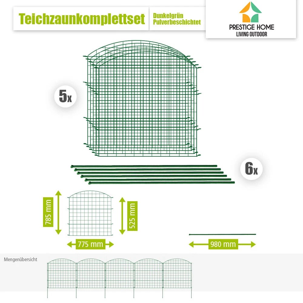 11tlg. Teichzaun Oberbogen, ca. 390 x 78,5 cm - Dunkelgrün