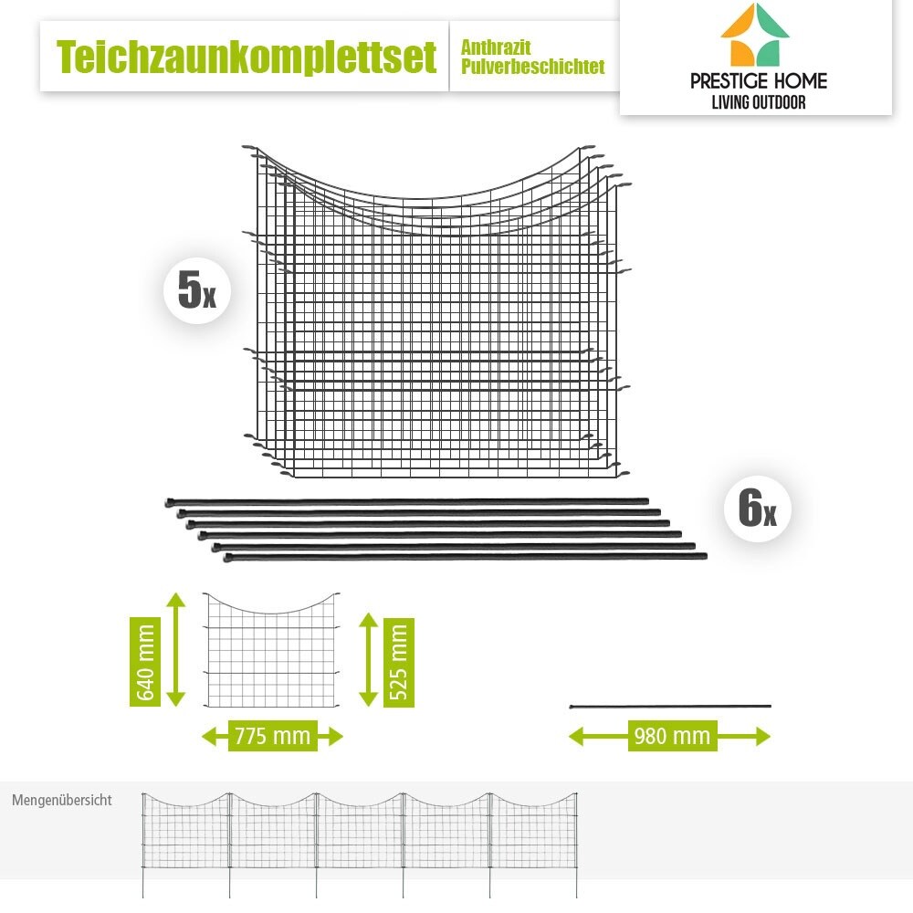 11tlg. Teichzaun Unterbogen, ca. 390 x 52,5 cm - Anthrazit