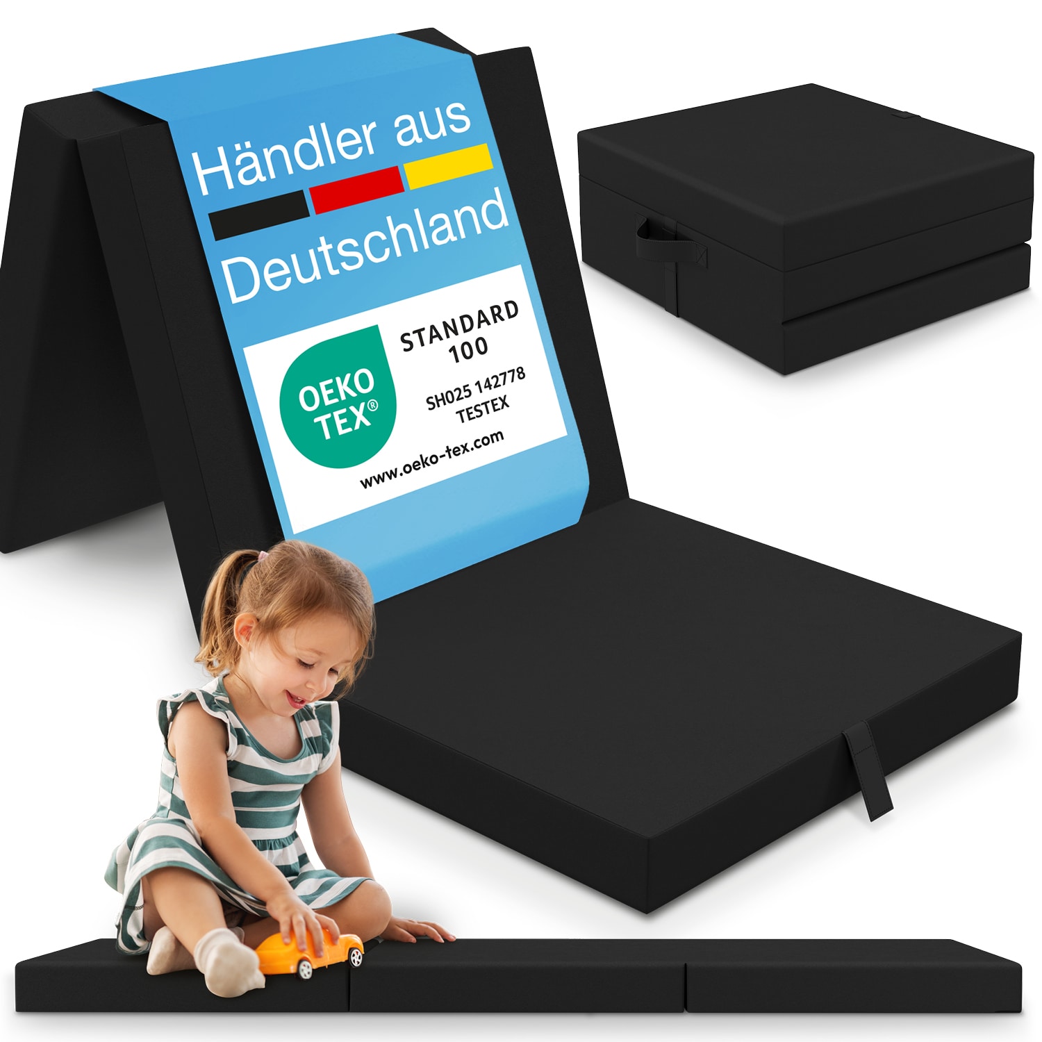 ELONEO Klappmatratze 65x195 cm, 9 cm hoch, Schwarz, Klappmatratze Kinder faltbar, klappbare G&auml;stematratze 