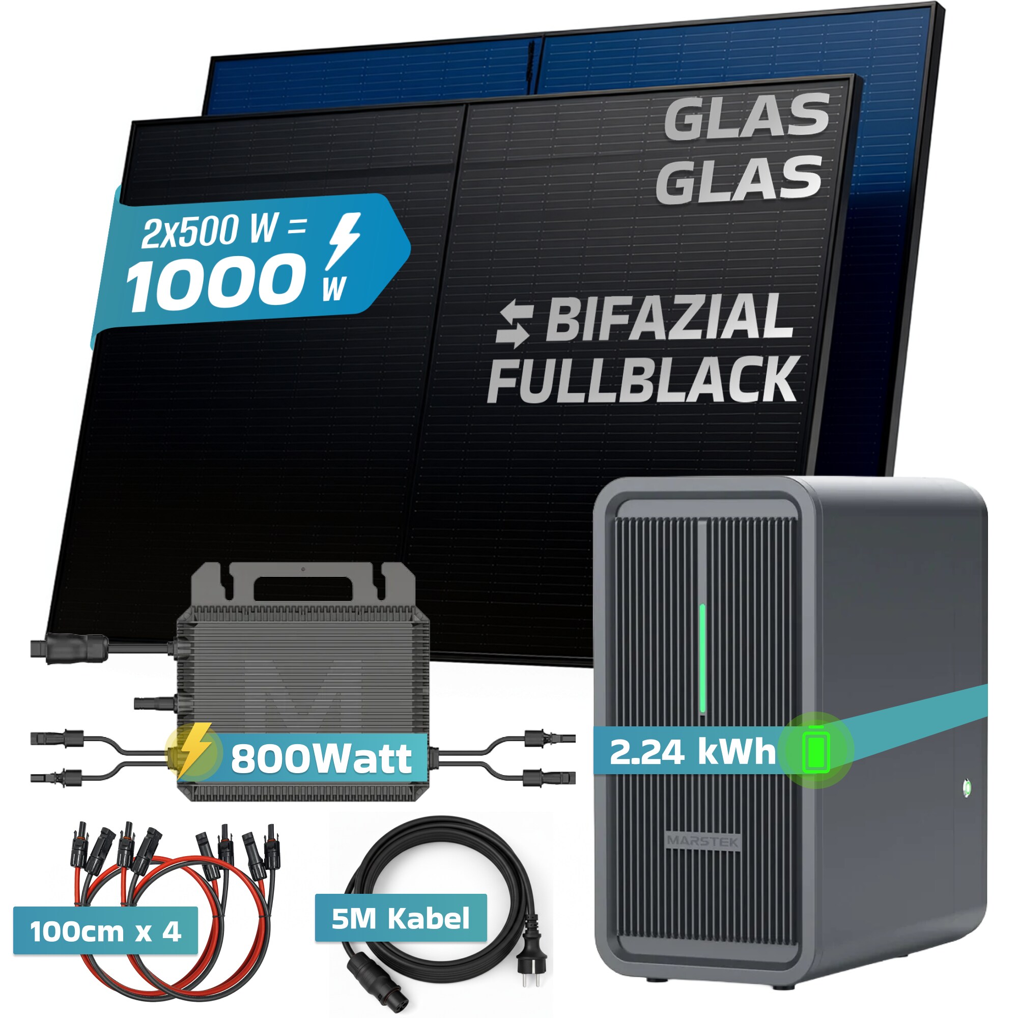 SUNNIVA&reg; 1000W Balkonkraftwerk mit 2,24 kWh Speicher MARSTEK B2500-D, BIFAZIAL FULLBLACK komplett Steckdose, PV Solaranlage Komplettset mit Solarspeicher, 2x 500W N-Type Glas-Glas Bifacial Module 