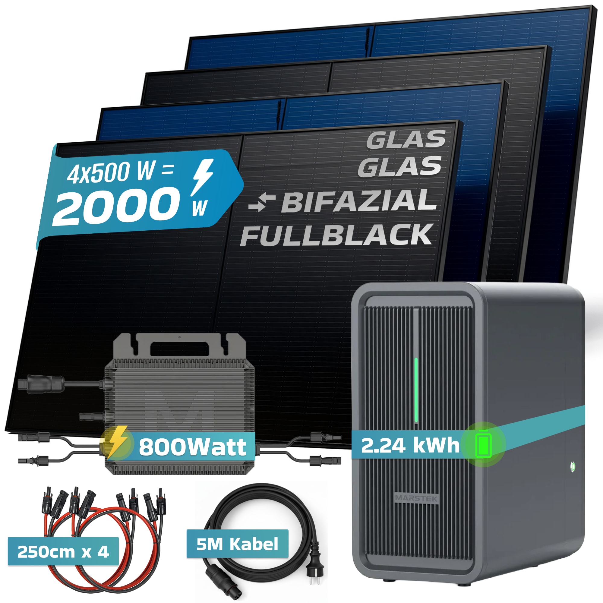 SUNNIVA&reg; 2000W Balkonkraftwerk mit 2,24 kWh Speicher MARSTEK B2500-D, BIFAZIAL FULLBLACK komplett Steckdose, PV Solaranlage Komplettset mit Solarspeicher, 4x 500W N-Type Glas-Glas Bifacial Module 