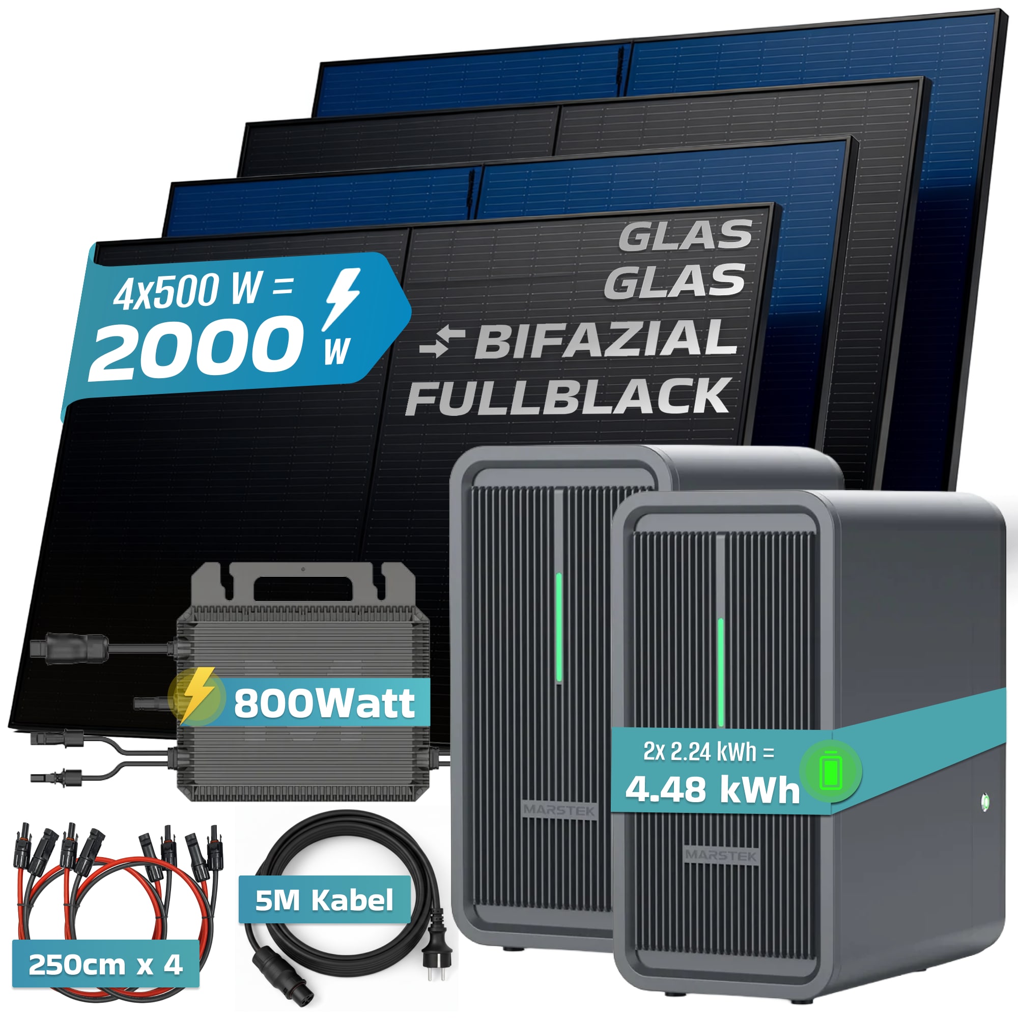 SUNNIVA&reg; 2000W Balkonkraftwerk mit 4.48 kWh Speicher MARSTEK 2x B2500-D, BIFAZIAL FULLBLACK komplett Steckdose, PV Solaranlage Komplettset mit Solarspeicher, 4x 500W N-Type Glas-Glas Bifacial Module 