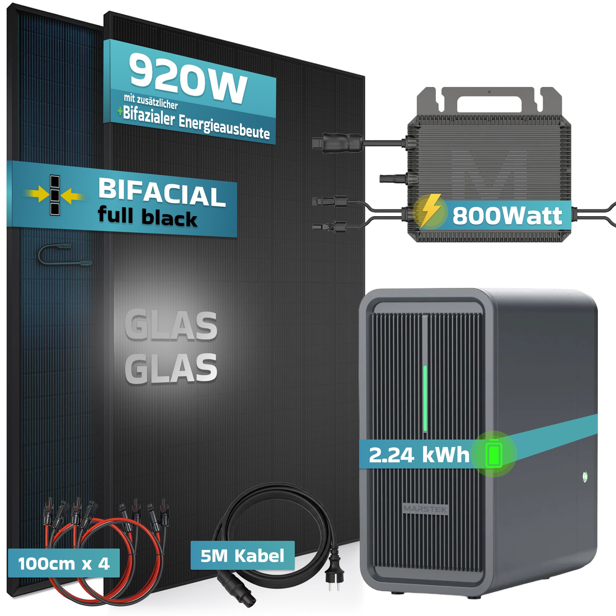 SUNNIVA&reg; 920W Balkonkraftwerk mit 2,24 kWh Speicher Marstek B2500-D, BIFAZIAL FULLBLACK komplett Steckdose, PV Solaranlage Komplettset mit Solarspeicher, 2x 460W N-Type Glas-Glas Bifacial Module 