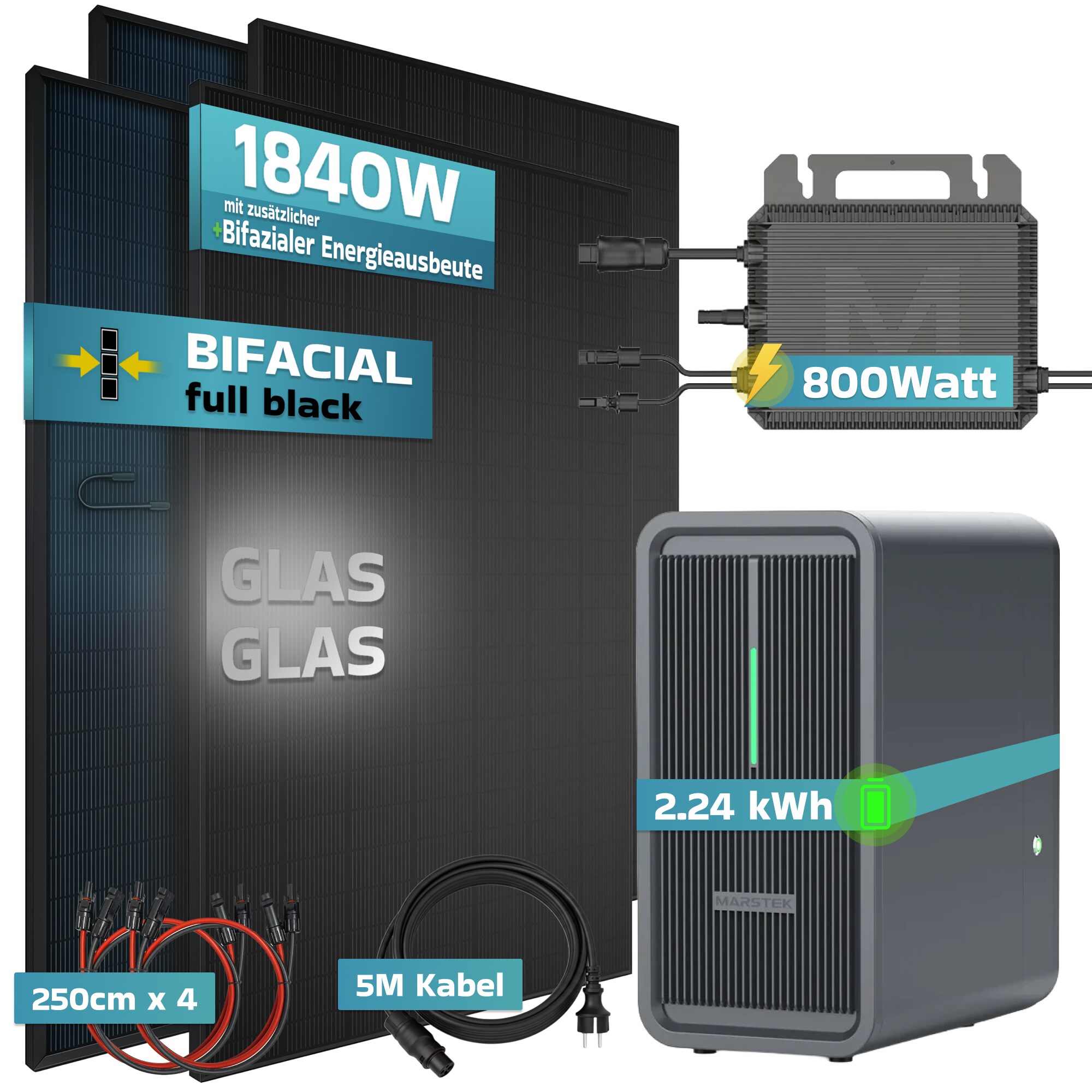 SUNNIVA&reg; 1840W Balkonkraftwerk mit 2,24 kWh Speicher Marstek B2500-D, BIFAZIAL FULLBLACK komplett Steckdose, PV Solaranlage Komplettset mit Solarspeicher, 4x 460W N-Type Glas-Glas Bifacial Module 