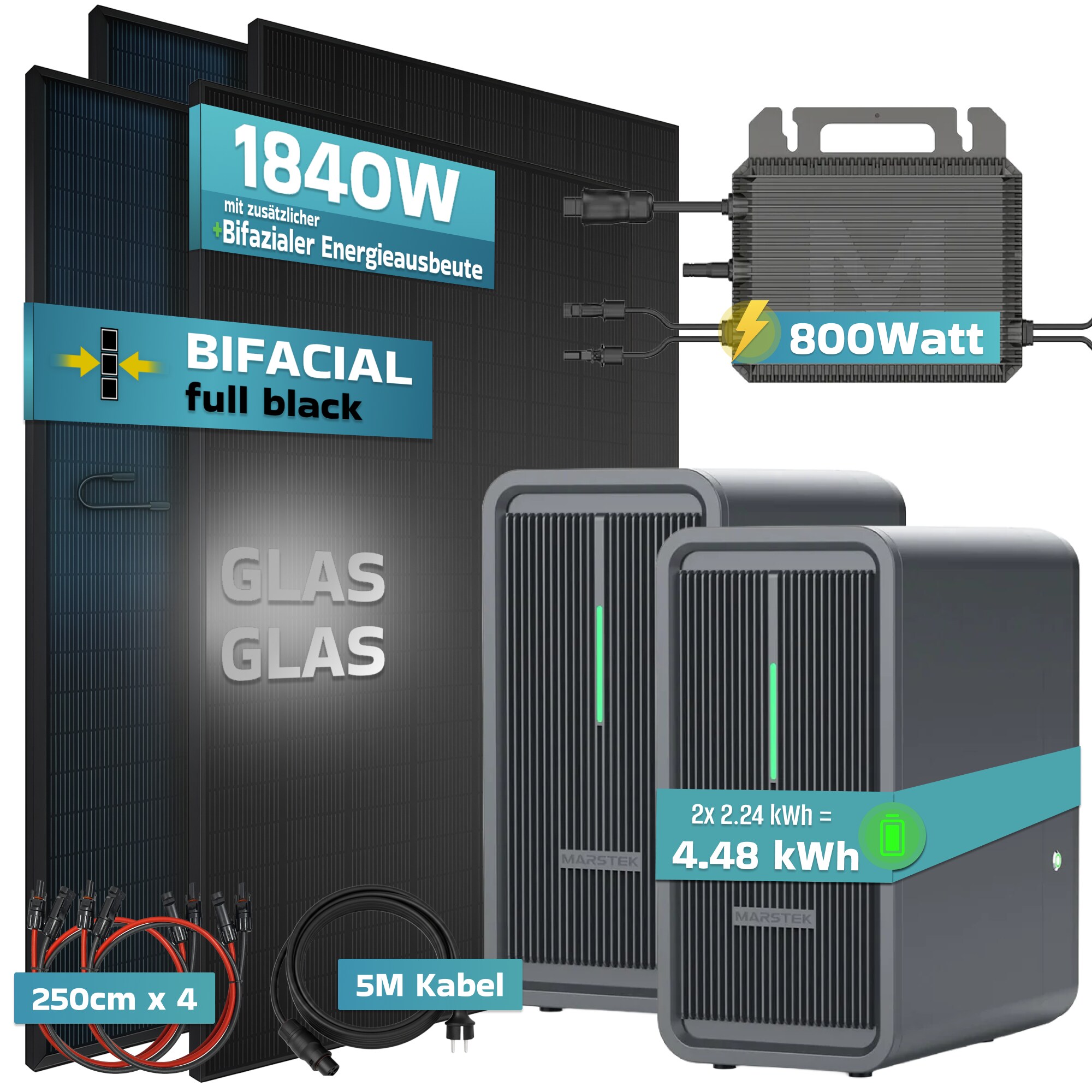 SUNNIVA&reg; 1840W Balkonkraftwerk mit 4.48 kWh Speicher Marstek 2x B2500-D, BIFAZIAL FULLBLACK komplett Steckdose, PV Solaranlage Komplettset mit Solarspeicher, 4x 460W N-Type Glas-Glas Bifacial Module 