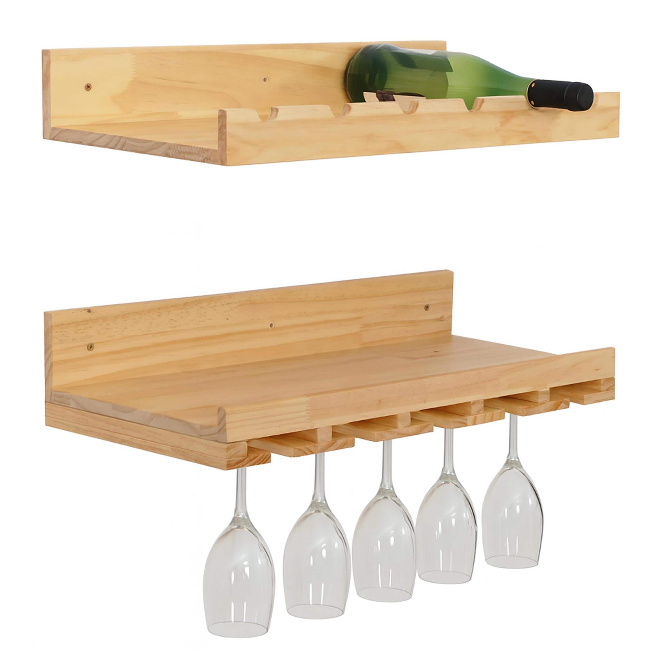 2er-Set Weinregal MCW-P22, Glas-/Flaschenhalter Wandbar f&uuml;r 6 Flaschen/15 Gl&auml;ser Holz MVG-zertifiziert 61x28cm ~ natur 