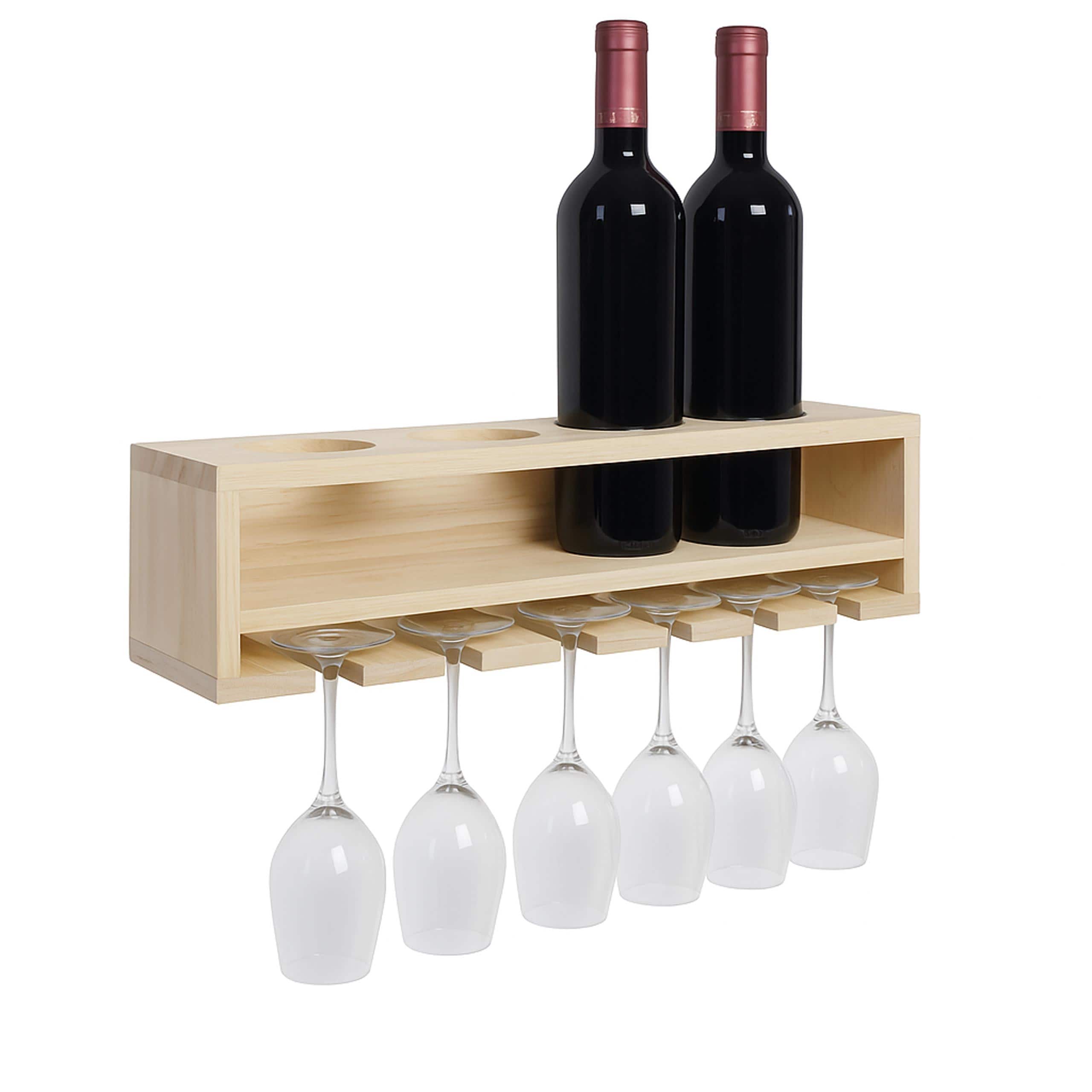 Weinregal MCWP21, Glas-/Flaschenhalter Wandbar Regal f&uuml;r 4 Flaschen/6 Gl&auml;ser Holz MVG-zertifiziert 12x48x12cm ~ natur 