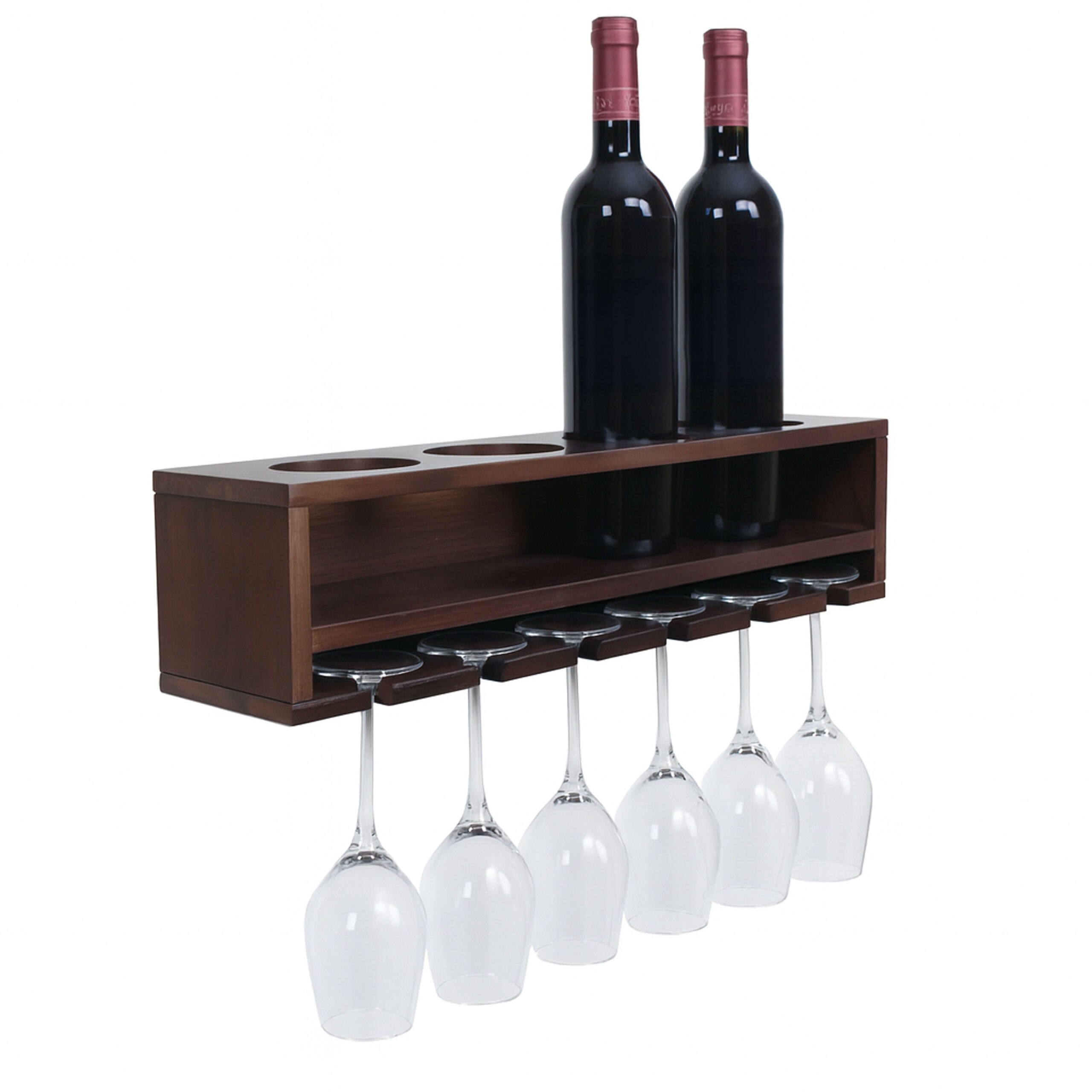 Weinregal MCW-P21, Glas-/Flaschenhalter Wandbar Regal f&uuml;r 4 Flaschen/6 Gl&auml;ser Holz MVG-zertifiziert 12x48x12cm ~ braun 