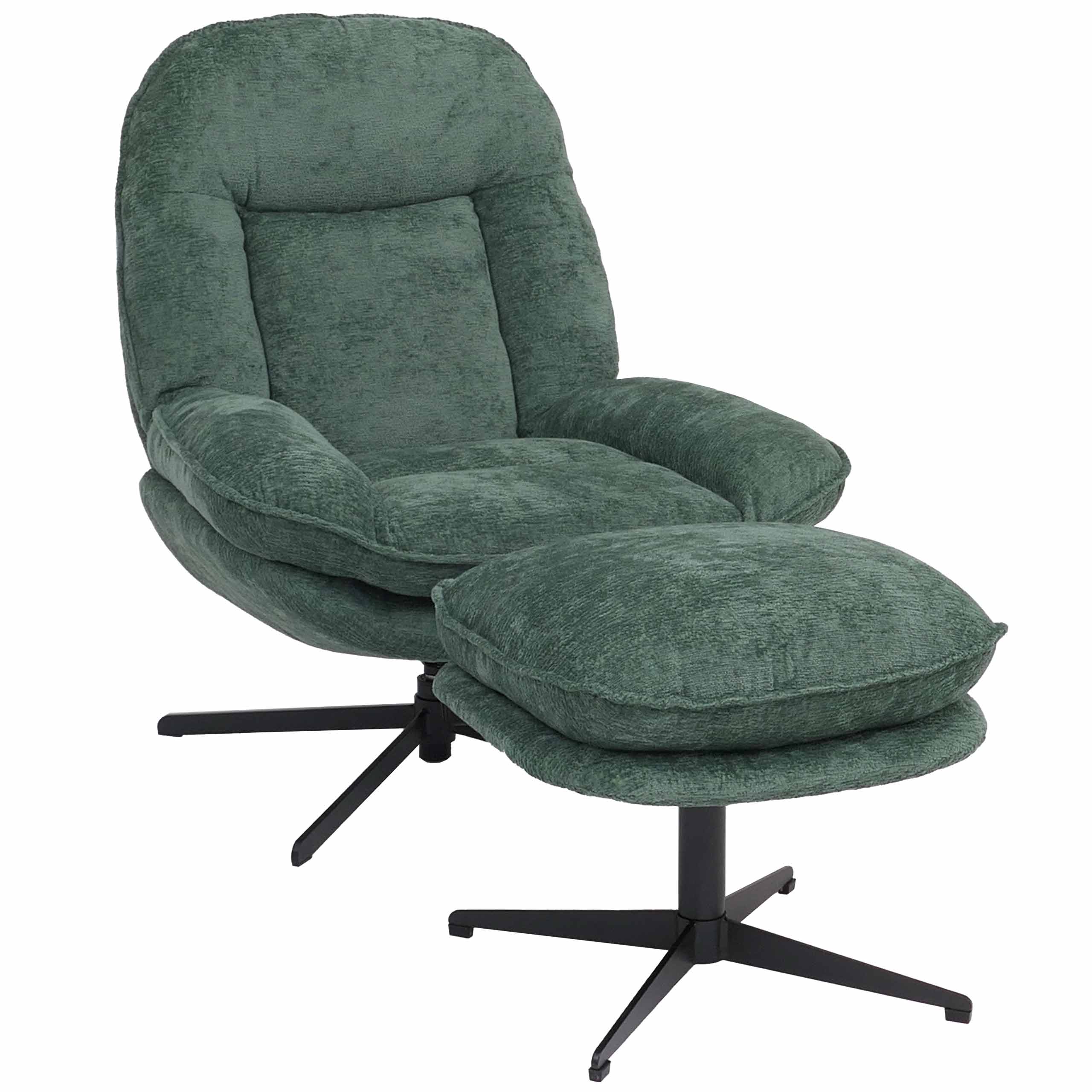 Relaxsessel mit Hocker MCW-P32, Fernsehsessel Nosagfederung, drehbar Metall Stoff/Textil Chenille (370 g/m&sup2;) ~ gr&uuml;n 