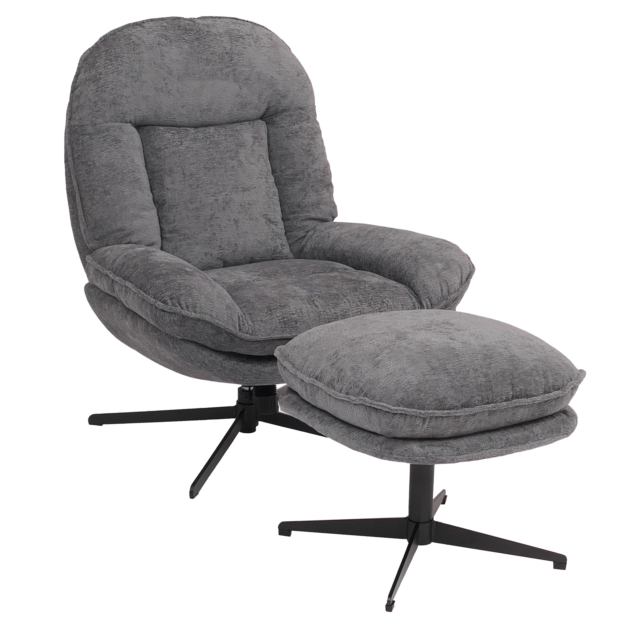 Relaxsessel mit Hocker MCW-P32, Fernsehsessel Nosagfederung, drehbar Metall Stoff/Textil Chenille (370 g/m&sup2;) ~ grau 