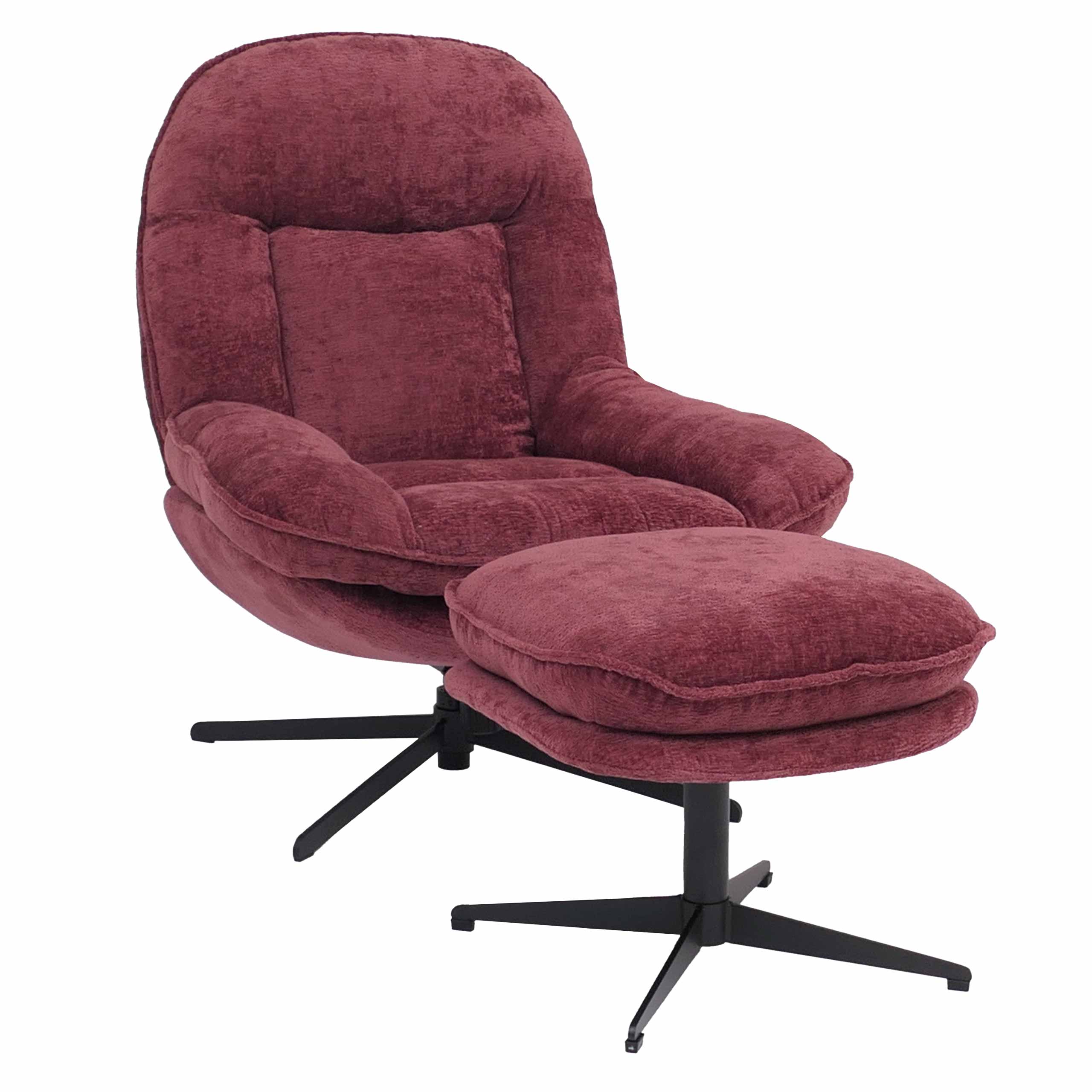 Relaxsessel mit Hocker MCW-P32, Fernsehsessel Nosagfederung, drehbar Metall Stoff/Textil Chenille (370 g/m&sup2;) ~ beere 