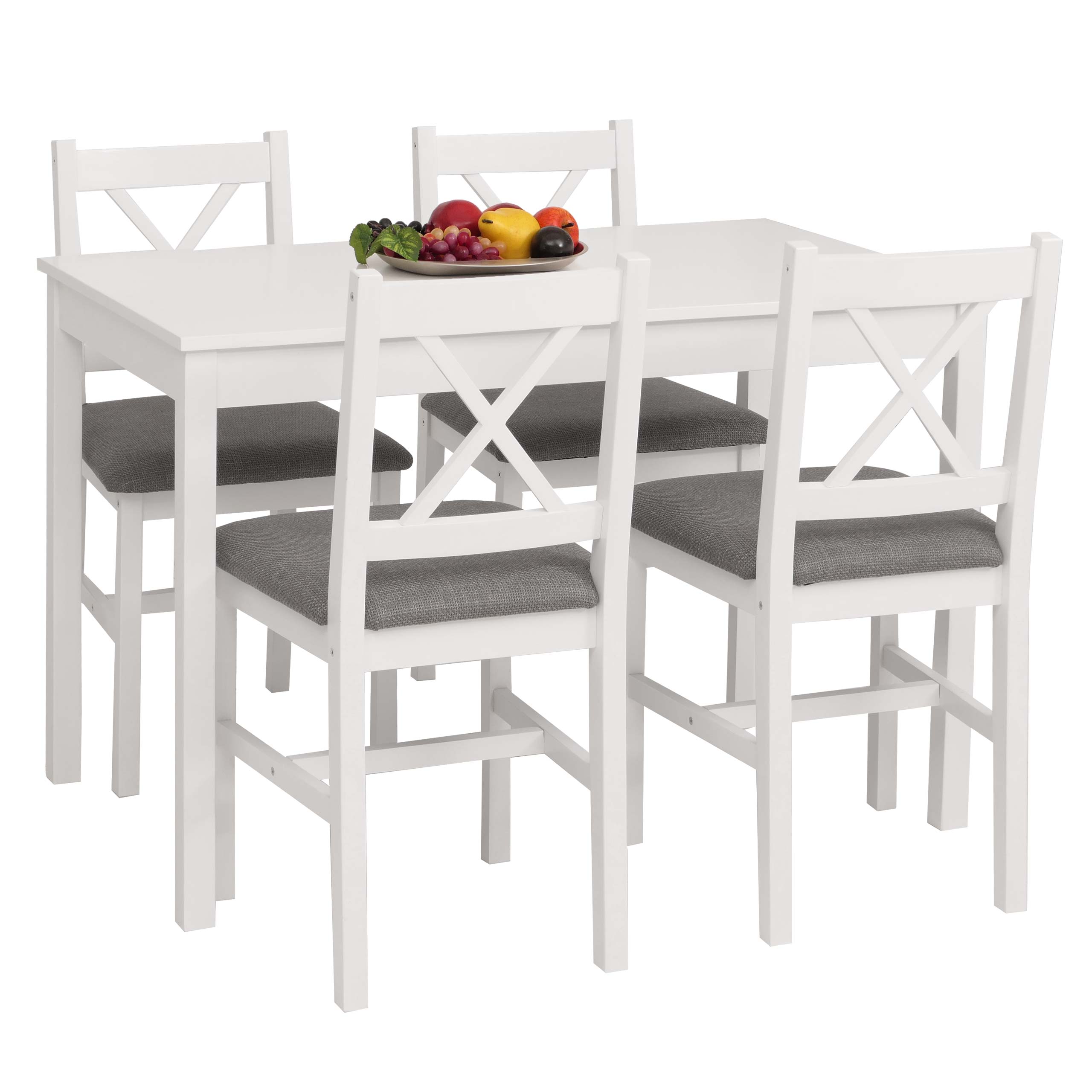 Esszimmer-Set MCW-F77, Sitzgruppe Esszimmergruppe, Massiv-Holz Kiefer Stoff Landhaus 110cm ~ wei&szlig; Polster grau 