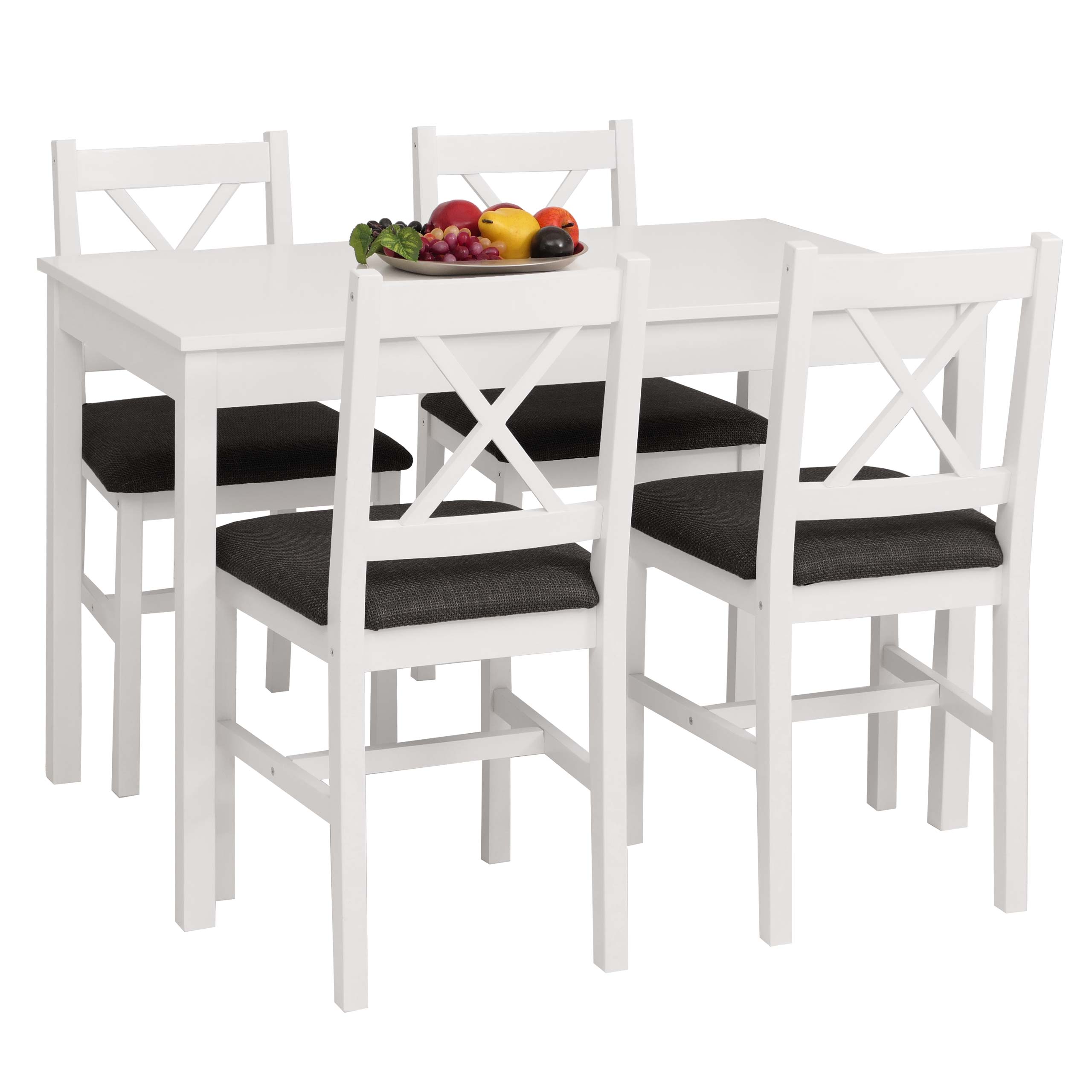 Esszimmer-Set MCW-F77, Sitzgruppe Esszimmergruppe, Massiv-Holz Kiefer Stoff Landhaus 110cm ~ wei&szlig; Polster schwarz 