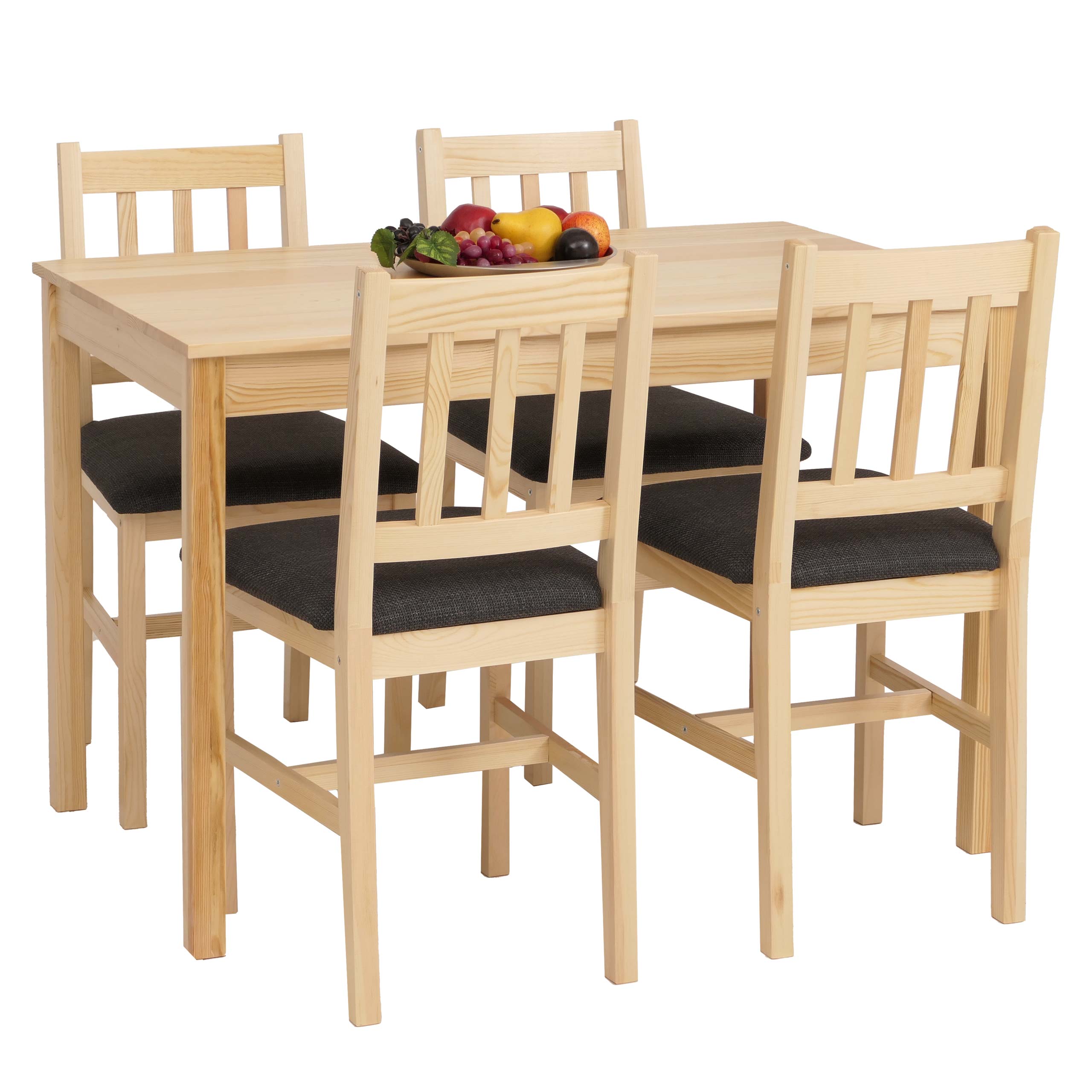 Esszimmer-Set MCW-F77, Sitzgruppe Esszimmergruppe, Massiv-Holz Kiefer Stoff Landhaus 110cm ~ natur Polster schwarz 