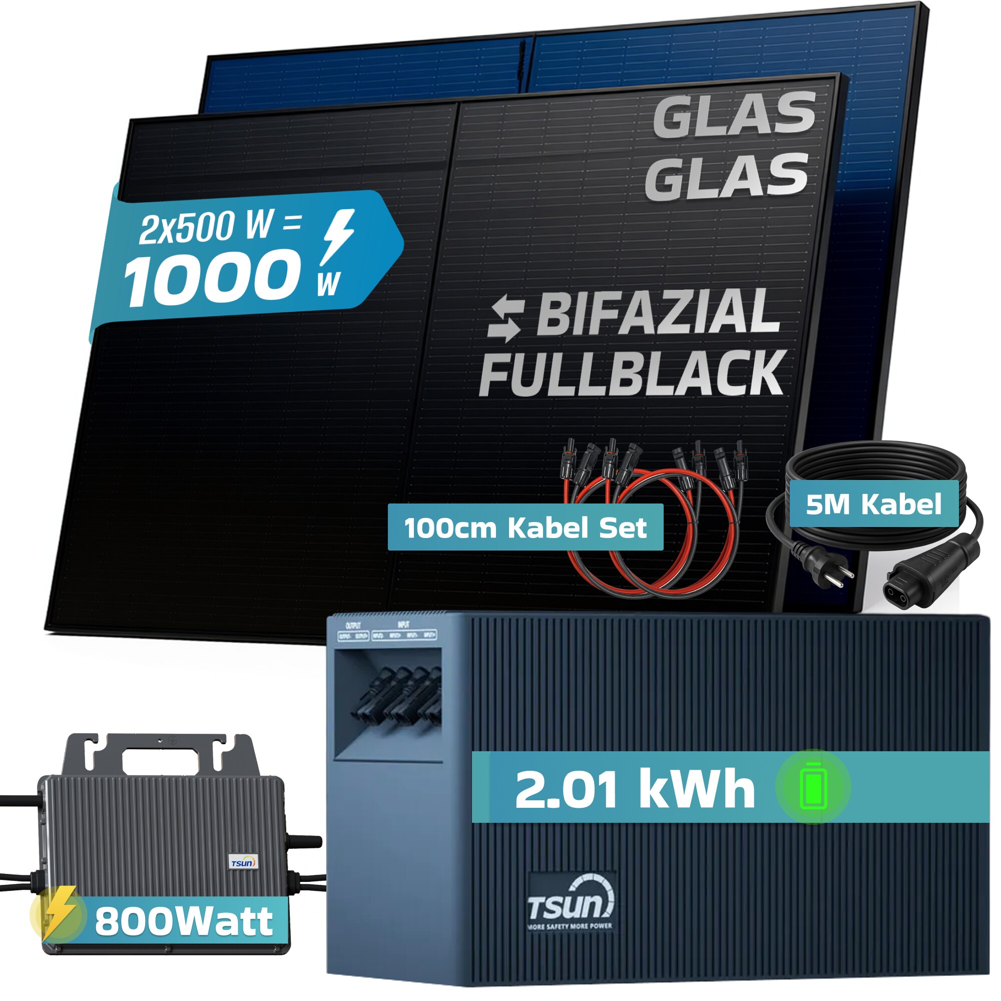 SUNNIVA&reg; 1000W Balkonkraftwerk mit 2,01 kWh Speicher TSUN TSOL-DCU2000Lite, BIFAZIAL FULLBLACK komplett Steckdose, PV Solaranlage Komplettset mit Solarspeicher,2x 500W N-Type Glas-Glas Bifacial Module 