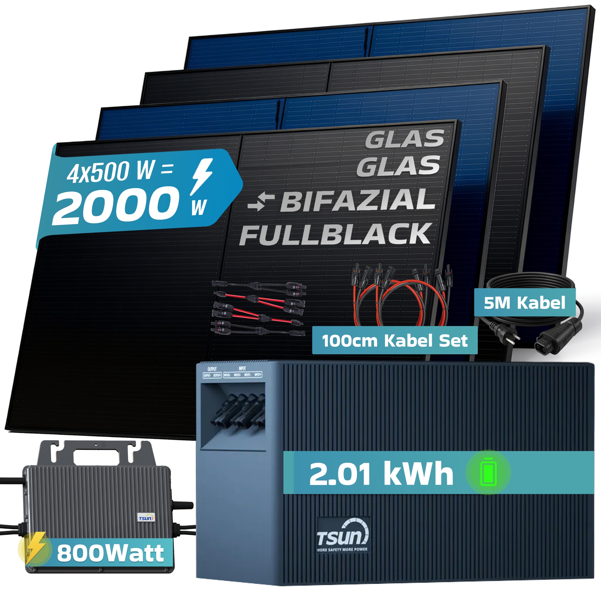 SUNNIVA&reg; 2000W Balkonkraftwerk mit 2,01 kWh Speicher TSUN TSOL-DCU2000Lite, BIFAZIAL FULLBLACK komplett Steckdose, PV Solaranlage Komplettset mit Solarspeicher,4x 500W N-Type Glas-Glas Bifacial Module 