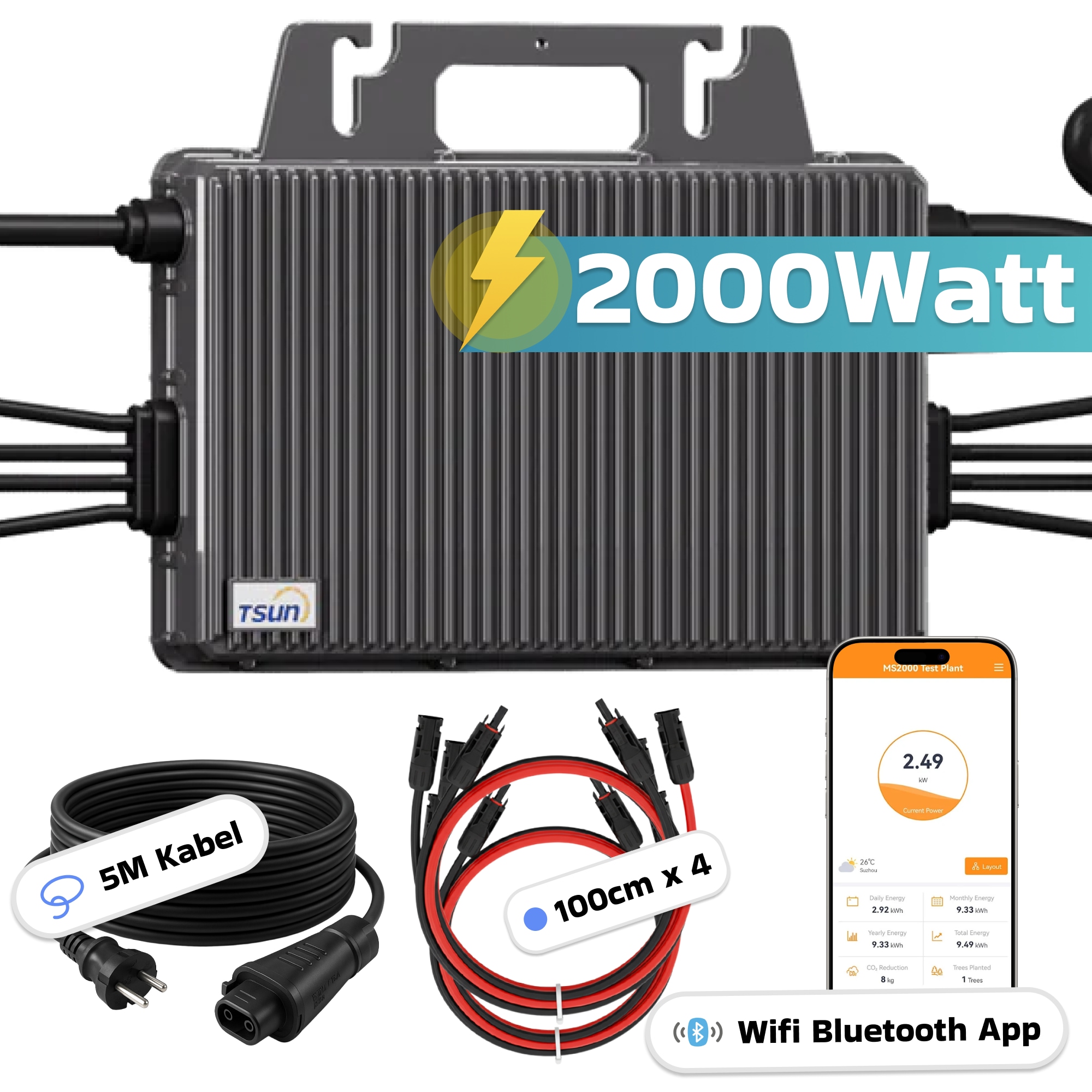 TSUN Mikro-Wechselrichter 2000W TSOL-MS2000 f&uuml;r Balkonkraftwerk, IP67 wetterfest, 4 MPPT, Bluetooth & WIFI, inkl. 5m Anschlusskabel & 4x 1 m Solar-Verl&auml;ngerungen, Micro Inverter 