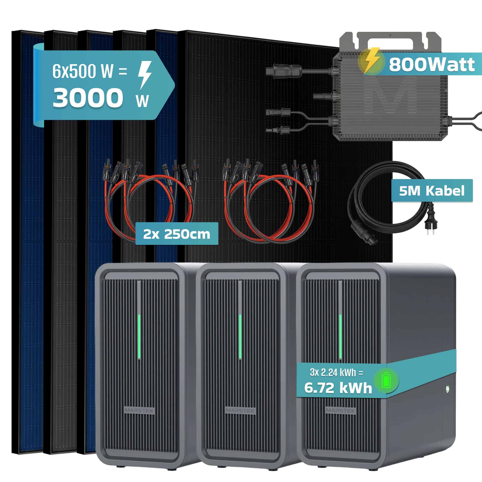 SUNNIVA&reg; 3000W Balkonkraftwerk mit 6,72 kWh Speicher MARSTEK 3x B2500-D, BIFAZIAL FULLBLACK komplett Steckdose, PV Solaranlage Komplettset mit Solarspeicher, 6x 500W N-Type Glas-Glas Bifacial Module 