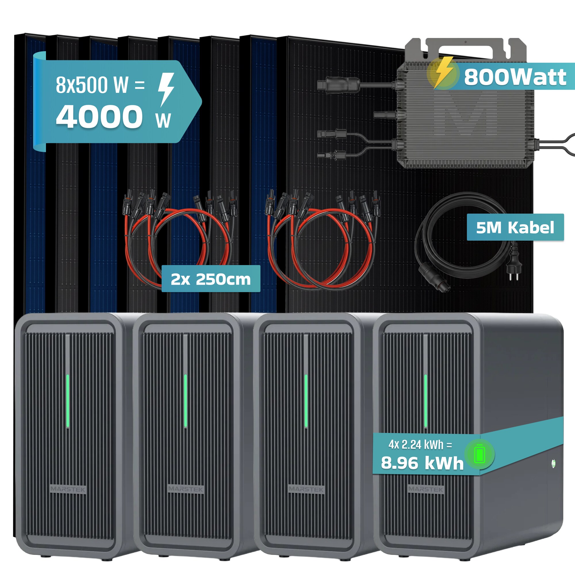 SUNNIVA&reg; 4000W Balkonkraftwerk mit 8,96 kWh Speicher MARSTEK 4x B2500-D, BIFAZIAL FULLBLACK komplett Steckdose, PV Solaranlage Komplettset mit Solarspeicher, 8x 500W N-Type Glas-Glas Bifacial Module 