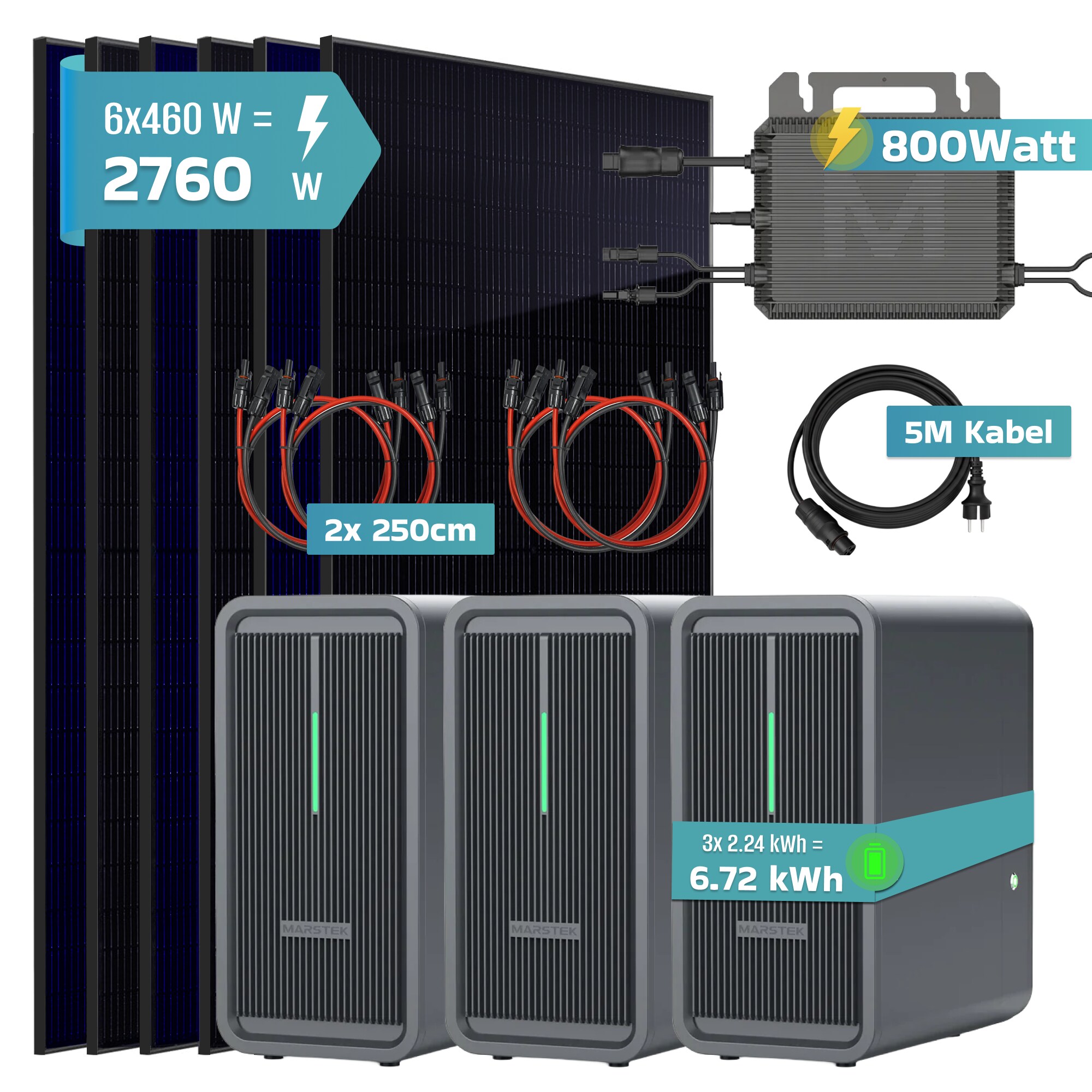 SUNNIVA&reg; 2760W Balkonkraftwerk mit 6,72 kWh Speicher Marstek 3x B2500-D, BIFAZIAL FULLBLACK komplett Steckdose, PV Solaranlage Komplettset mit Solarspeicher, 6x 460W N-Type Glas-Glas Bifacial Module 