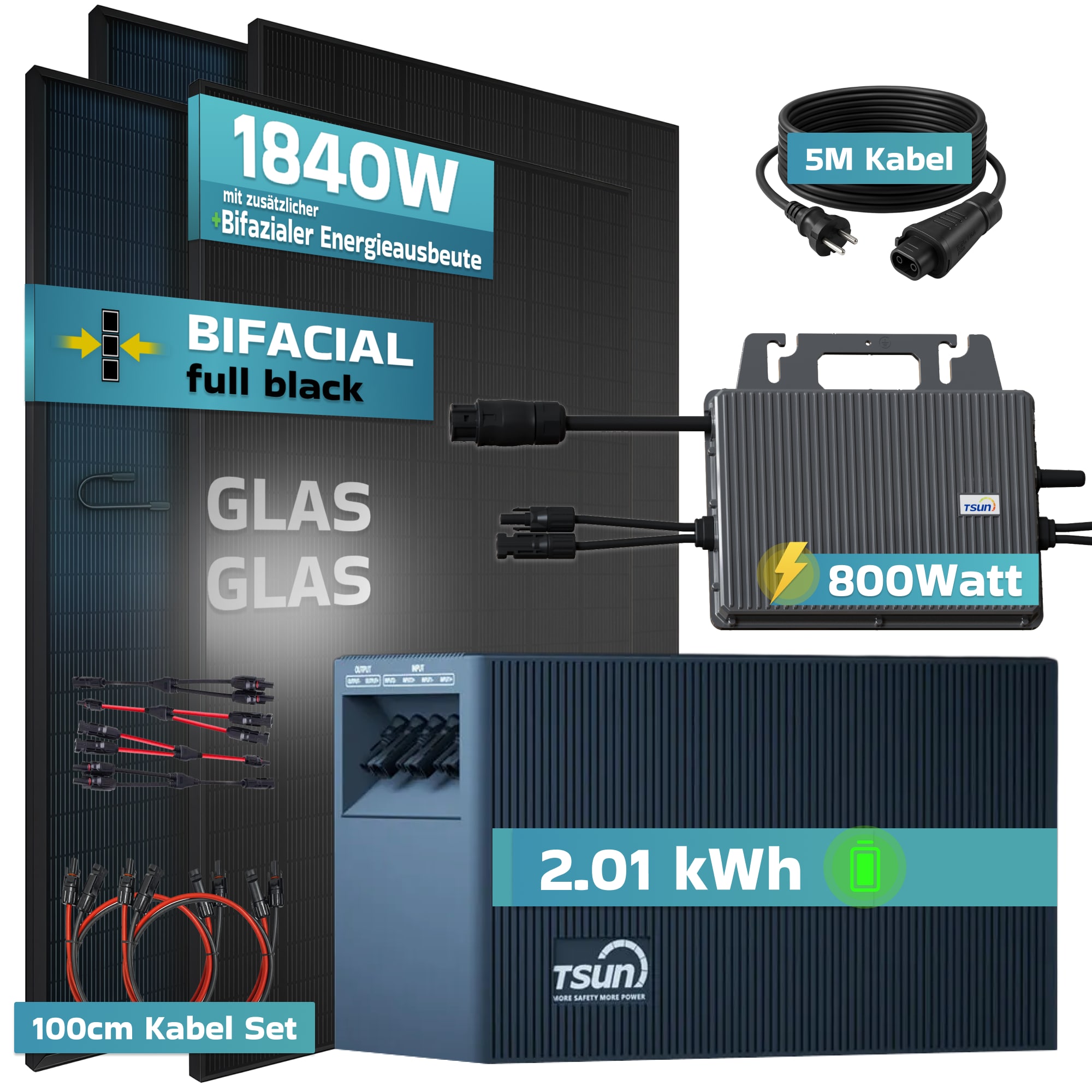 SUNNIVA&reg; 1840W Balkonkraftwerk mit 2,01 kWh Speicher TSUN TSOL-DCU2000Lite, BIFAZIAL FULLBLACK komplett Steckdose, PV Solaranlage Komplettset mit Solarspeicher,4x 460W N-Type Glas-Glas Bifacial Module 
