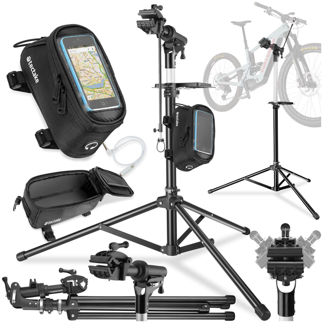 tectake&reg; Set Fahrradmontagest&auml;nder Jan und Rahmentasche, Montagest&auml;nder mit 50 kg Belastbarkeit, klappbar mit Schnellverschl&uuml;ssen, stufenlos h&ouml;henverstellbar und 360&deg; drehbar, wasserabweisende Rahmentasche mit Klettverschluss sowie Handyfach mit 