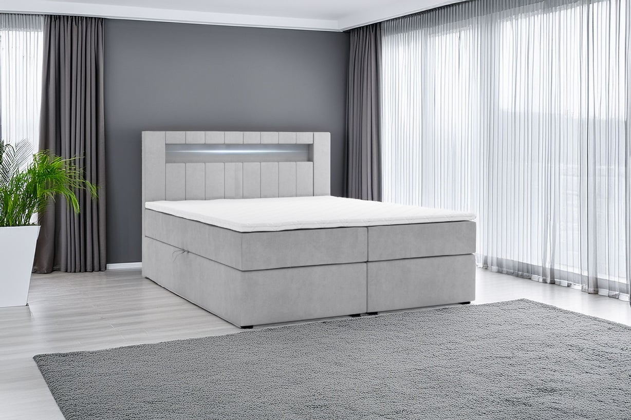 M-Punkt Boxspringbett KUBA mit Bettkasten Visco Topper LED 140 x 200 cm Samtstoff Grau Bett Bettkasten Topper 