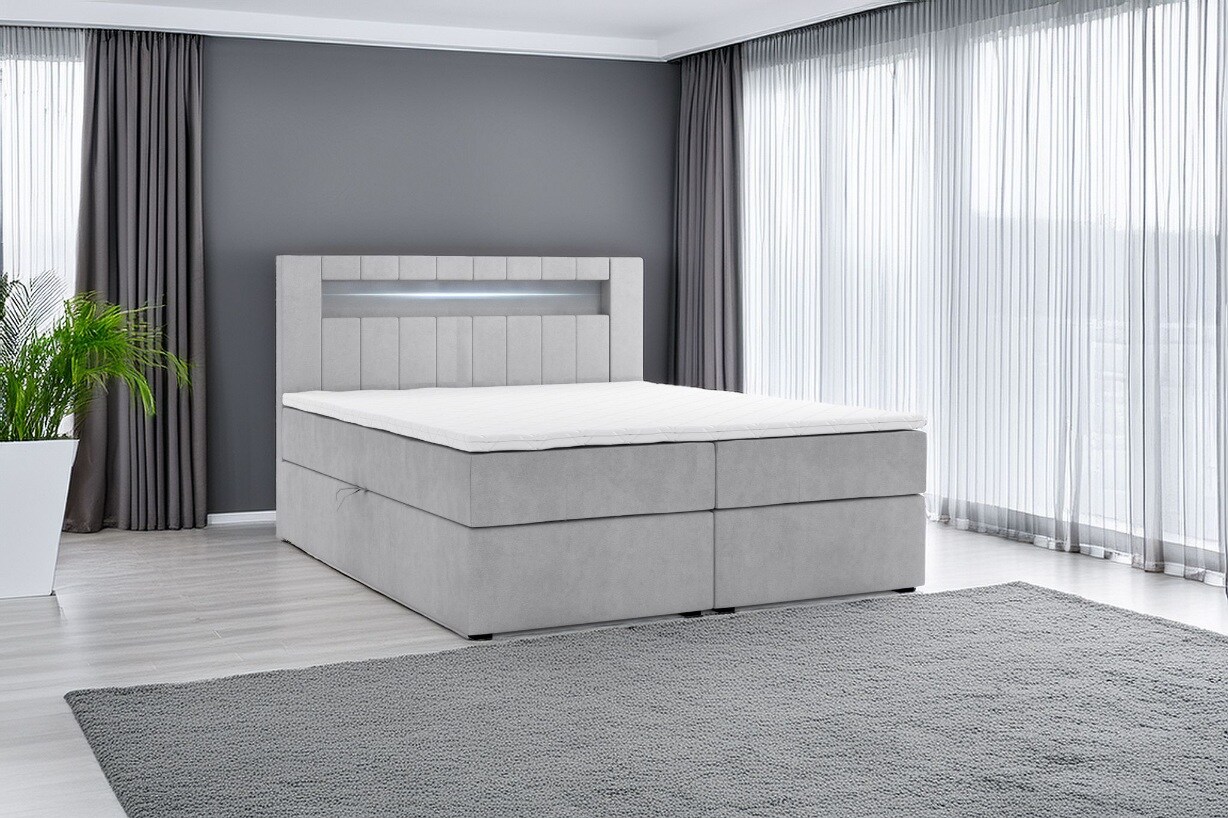 M-Punkt Boxspringbett KUBA mit Bettkasten Visco Topper LED 160 x 200 cm Webstoff Grau Bett Bettkasten Topper 