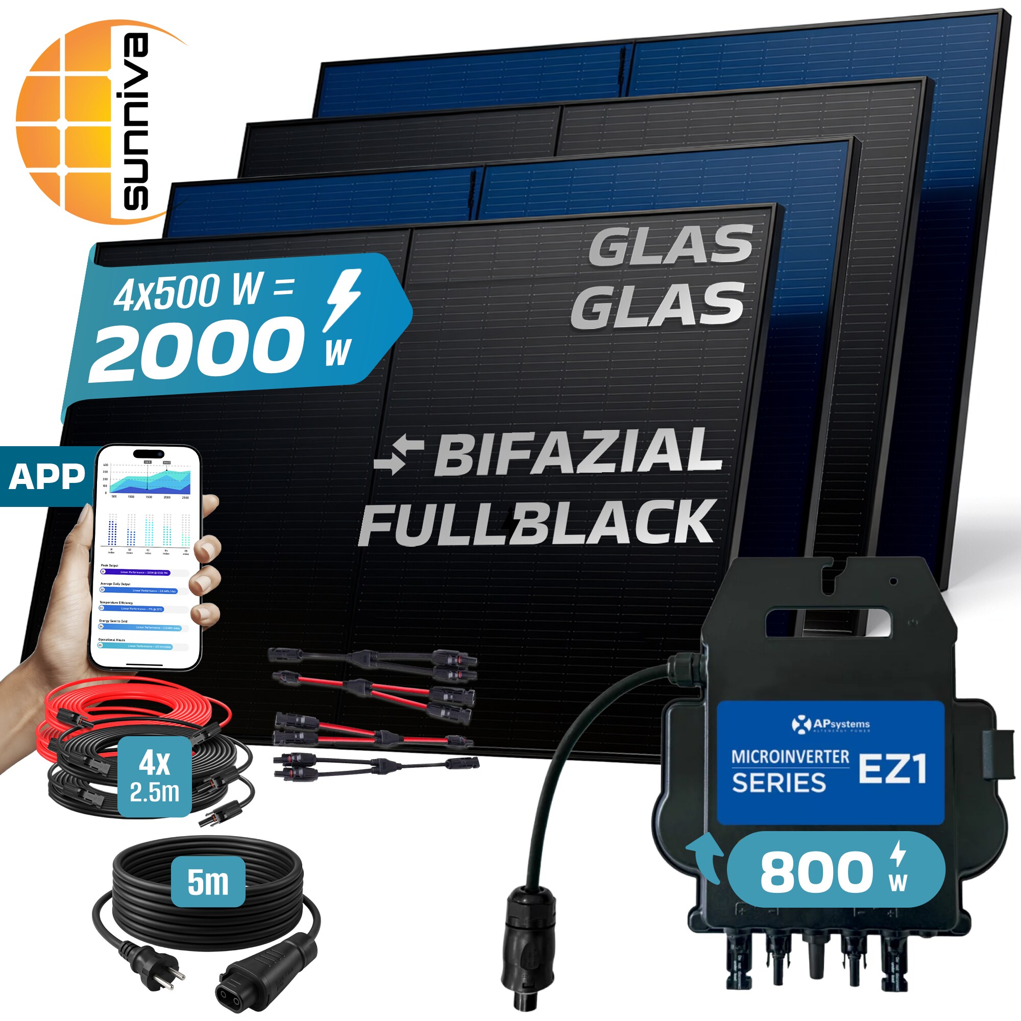 SUNNIVA&reg; 2000W Balkonkraftwerk BIFAZIAL FULLBLACK komplett Steckdose AP Systems EZ1-M 800W Wechselrichter, Solaranlage Komplettset,4x 500W N Glas-Glas Bifacial Solarmodule,5m Kabel,4x 2.5m Solarkabel 