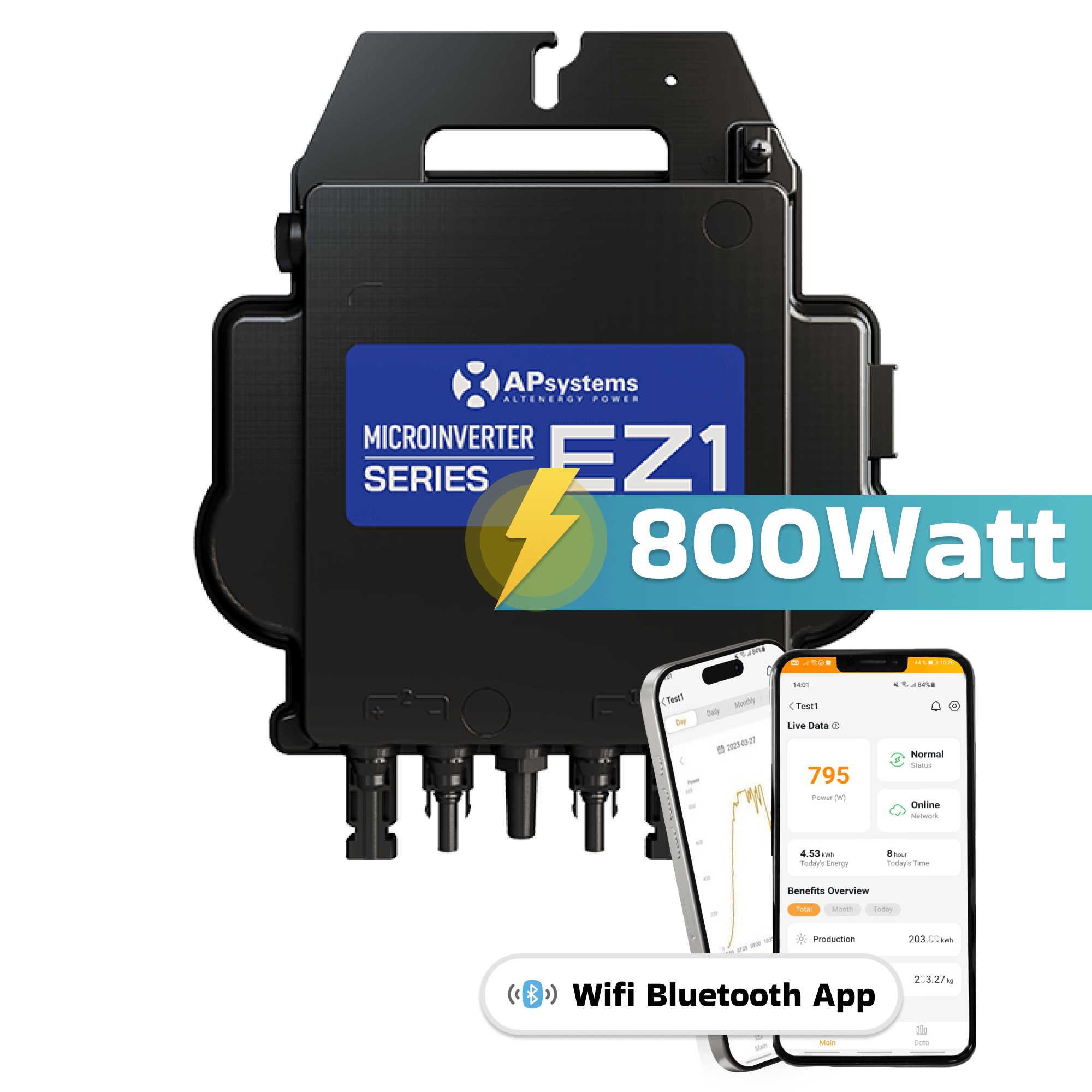 AP Systems Mikro-Wechselrichter 800 W EZ1-M-EU f&uuml;r Balkonkraftwerk, IP67 wetterfest, Plug-&-Play Installation, 2 MPPT, Bluetooth & WIFI, Micro Inverter 