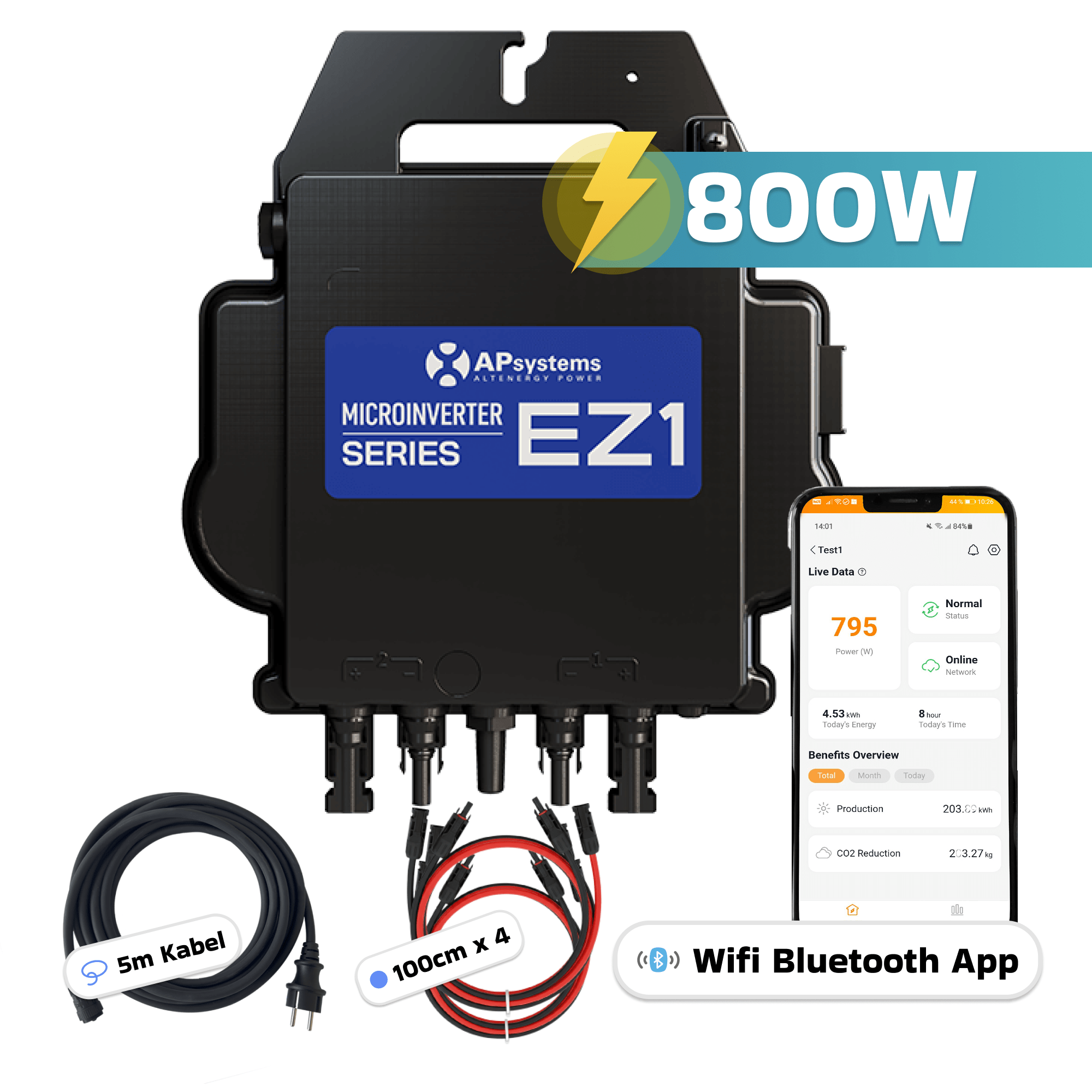 AP Systems Mikro-Wechselrichter 800 W EZ1-M-EU f&uuml;r Balkonkraftwerk, IP67 wetterfest, Plug&Play Installation, 2 MPPT, Bluetooth & WIFI, inkl.5m Anschlusskabel & 4x1m Solar-Verl&auml;ngerungen Micro Inverter 