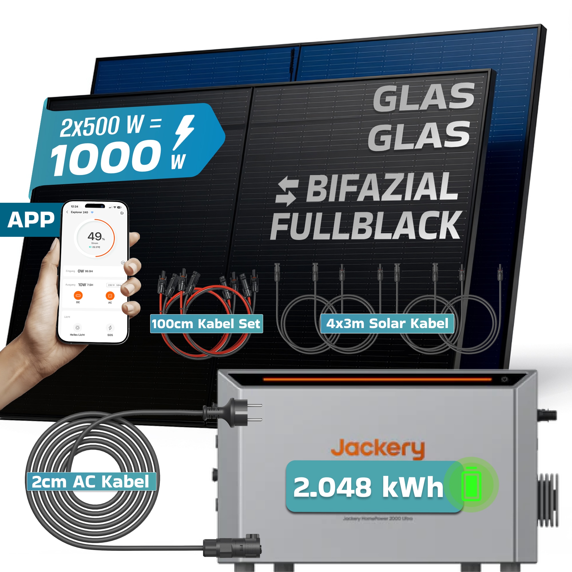 SUNNIVA&reg; 1000W Balkonkraftwerk mit 2,048 kWh Speicher Jackery HomePower 2000 Ultra, BIFAZIAL FULLBLACK komplett Steckdose, PV Solaranlage Komplettset mit Solarspeicher, 2x 500W N-Type Glas-Glas BIFA 