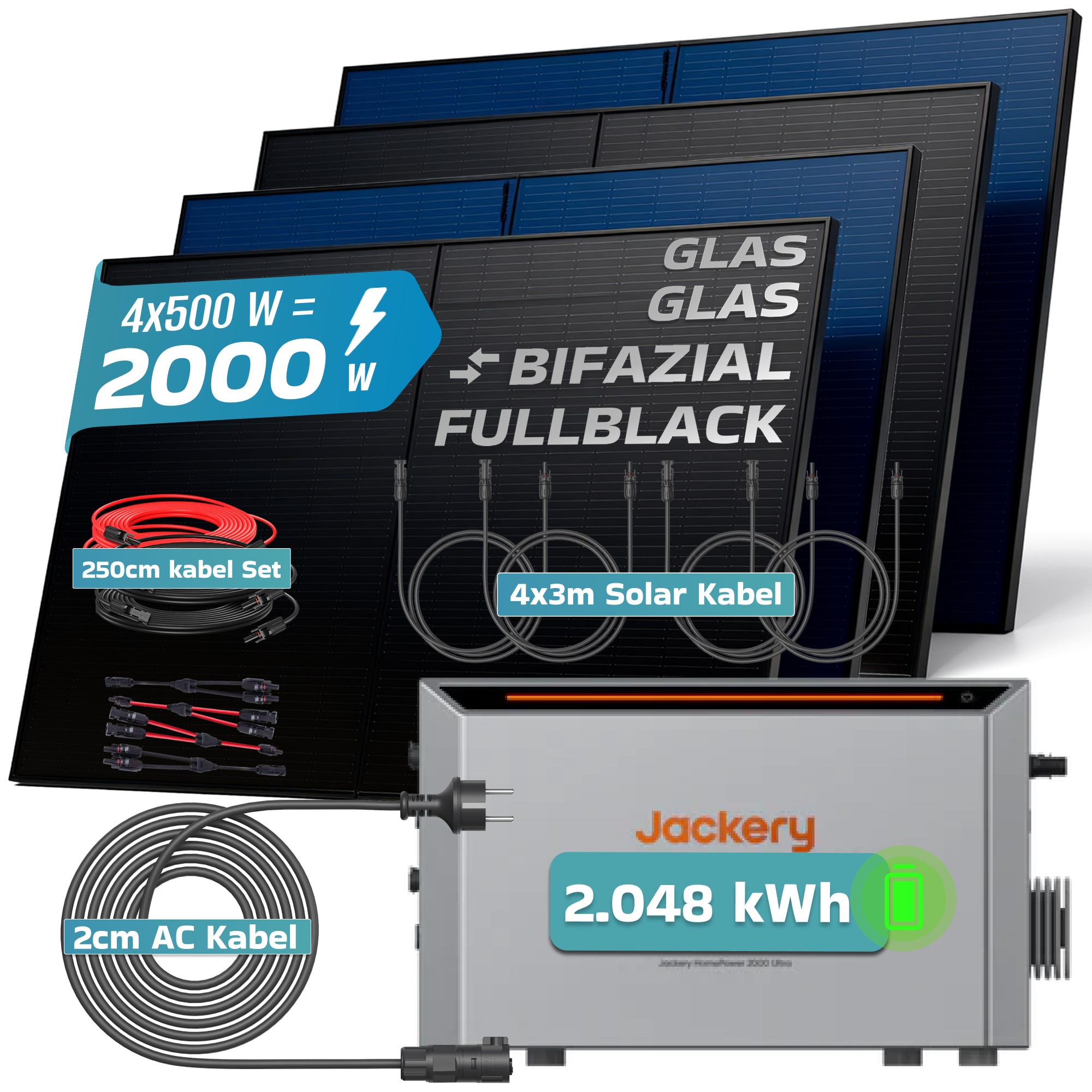 SUNNIVA&reg; 2000W Balkonkraftwerk mit 2,048 kWh Speicher Jackery HomePower 2000 Ultra, BIFAZIAL FULLBLACK komplett Steckdose, PV Solaranlage Komplettset mit Solarspeicher, 4x 500W N-Type Glas-Glas BIFA 