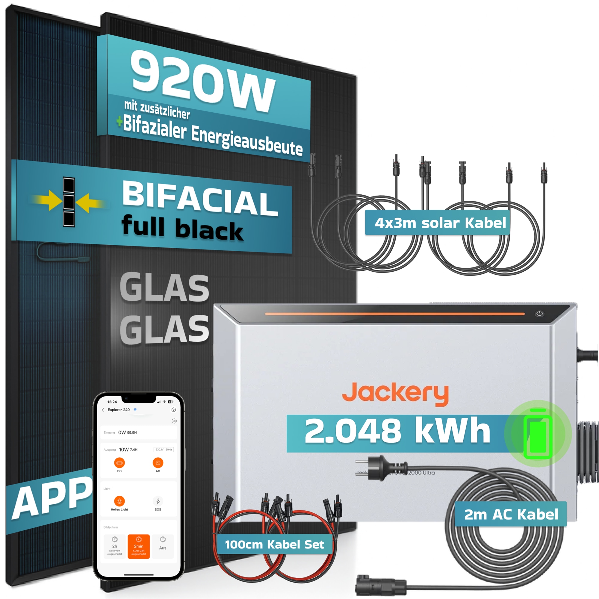 SUNNIVA&reg; 920W Balkonkraftwerk mit 2,048 kWh Speicher Jackery HomePower 2000 Ultra, BIFAZIAL FULLBLACK komplett Steckdose, PV Solaranlage Komplettset mit Solarspeicher, 2x 460W N-Type Glas-Glas BIFA 