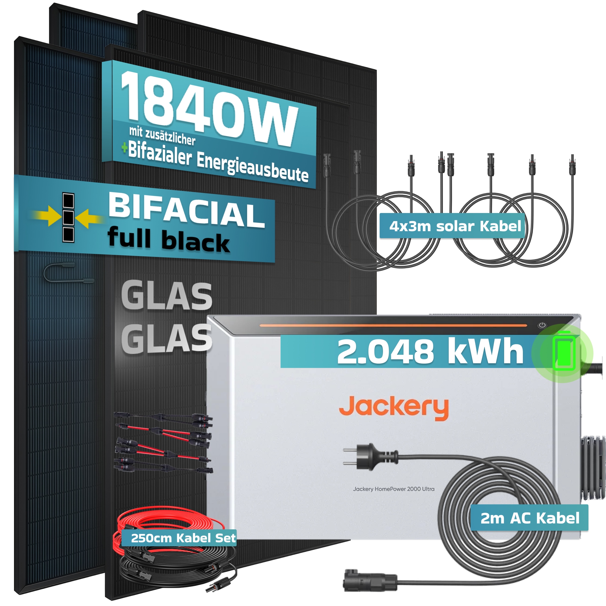SUNNIVA&reg; 1840W Balkonkraftwerk mit 2,048 kWh Speicher Jackery HomePower 2000 Ultra, BIFAZIAL FULLBLACK komplett Steckdose, PV Solaranlage Komplettset mit Solarspeicher, 4x 460W N-Type Glas-Glas BIFA 