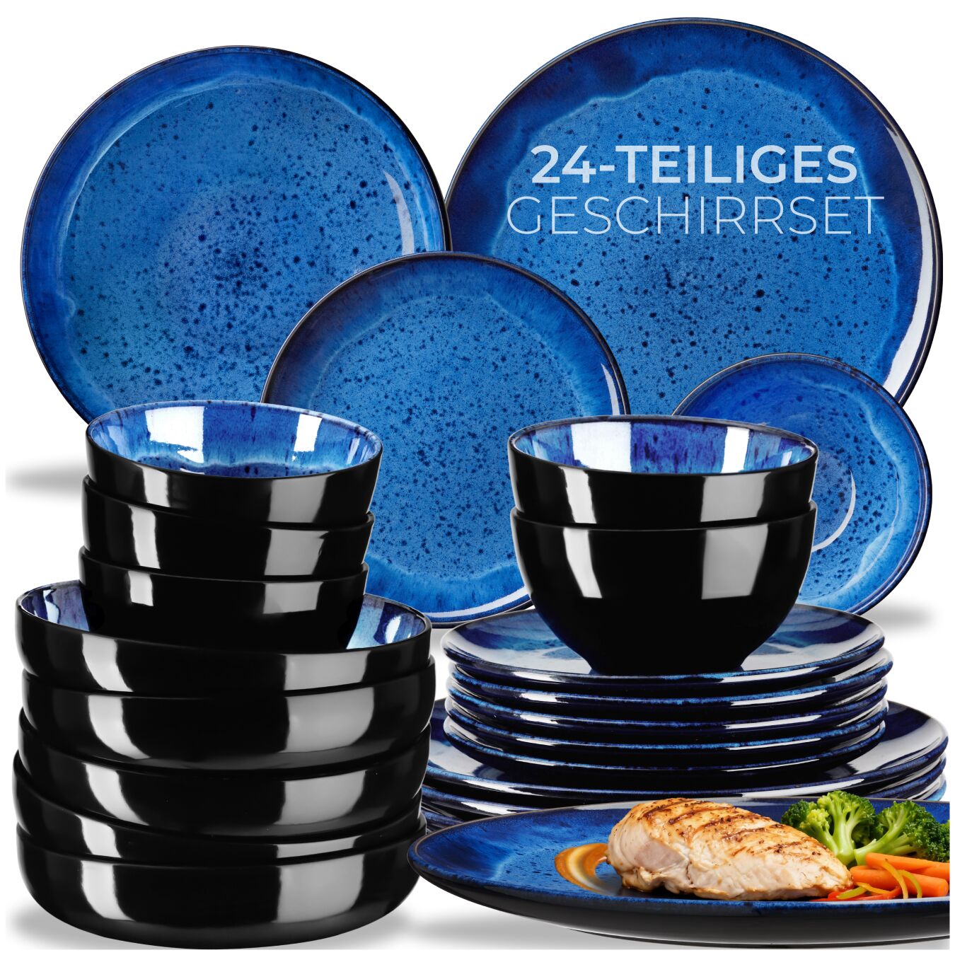 tectake&reg; Tafelservice, f&uuml;r 6 Personen, handgefertigt, aus Steingut, mit Glasur, ineinander stapelbar 