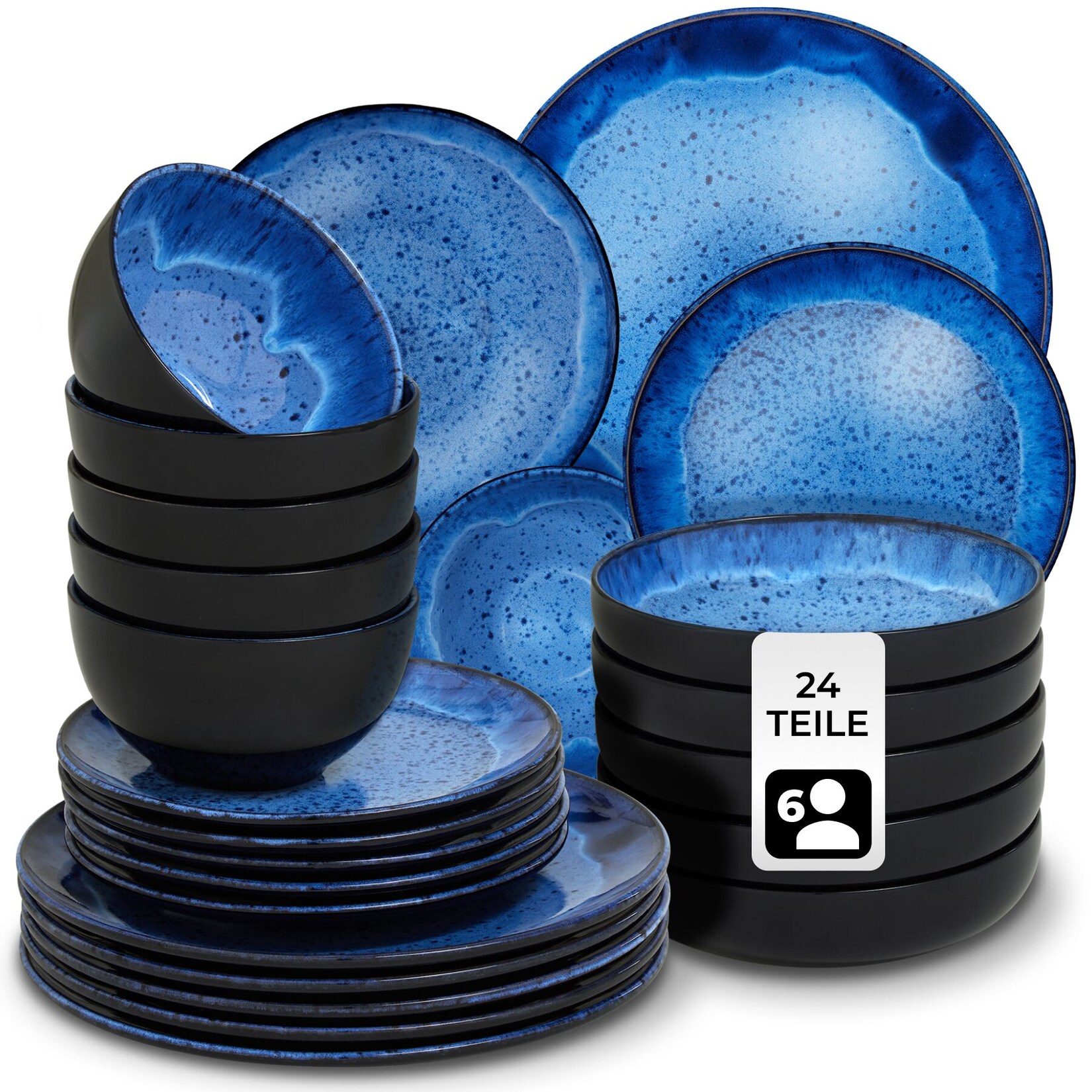 tectake® Tafelservice, für 6 Personen, handgefertigt, aus Steingut, mit Glasur, ineinander stapelbar