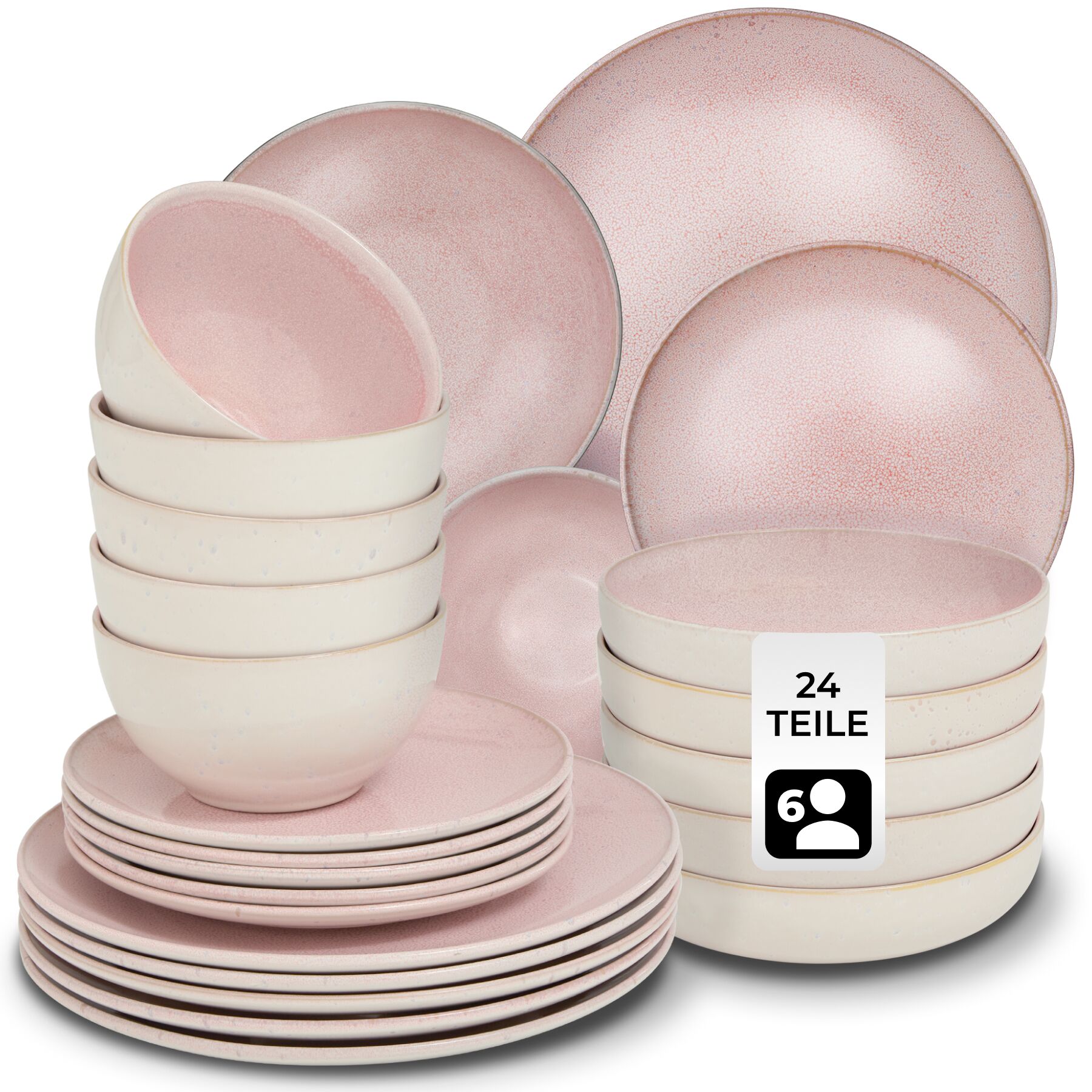 tectake&reg; Tafelservice, f&uuml;r 6 Personen, handgefertigt, aus Steingut, mit Glasur, ineinander stapelbar 