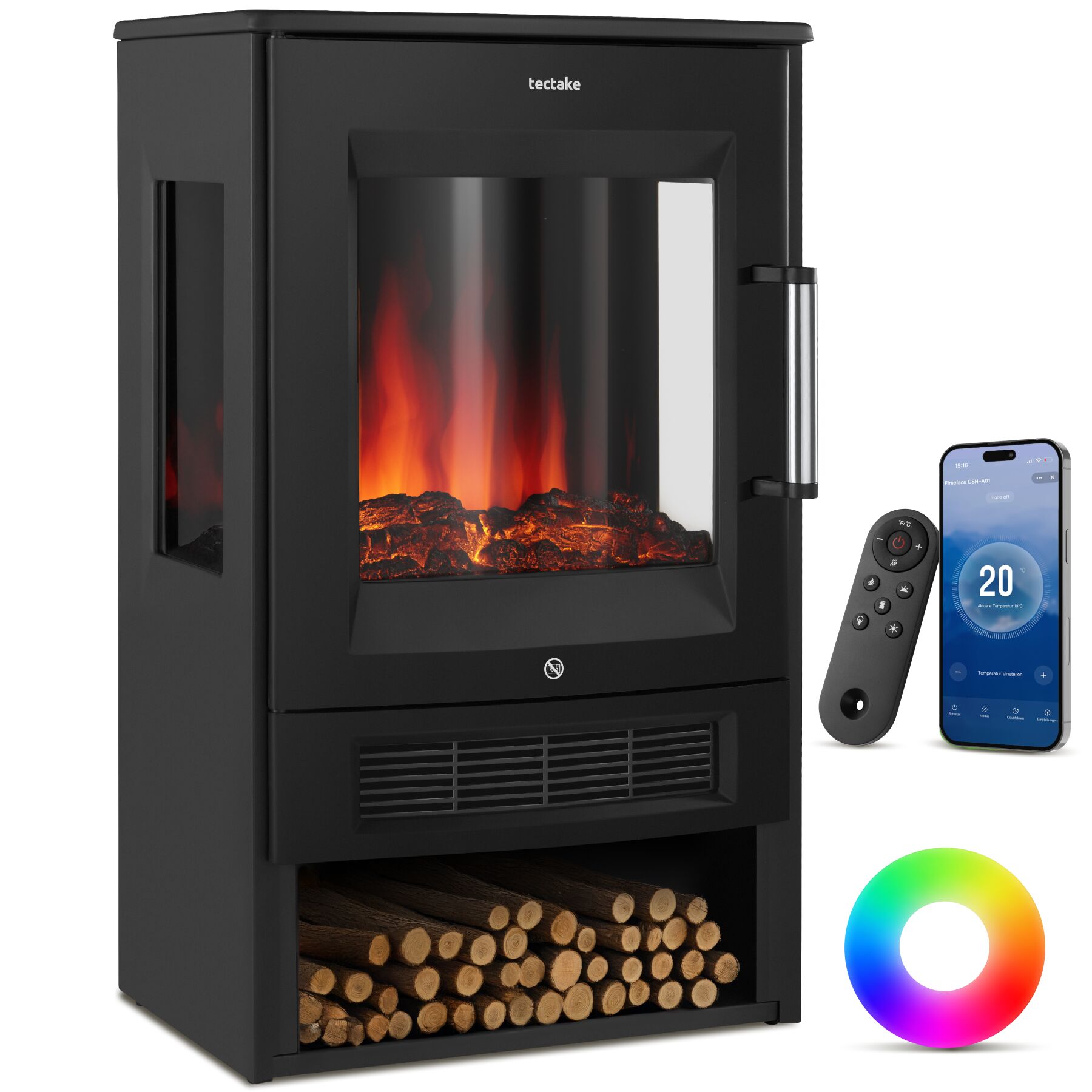 tectake&reg; Elektrokamin, 2 Leistungsstufen mit 900 W und 1800 W, 8 Farbeinstellungen und 5 Helligkeitsstufen, mit Fernbedienung und App-Steuerung 