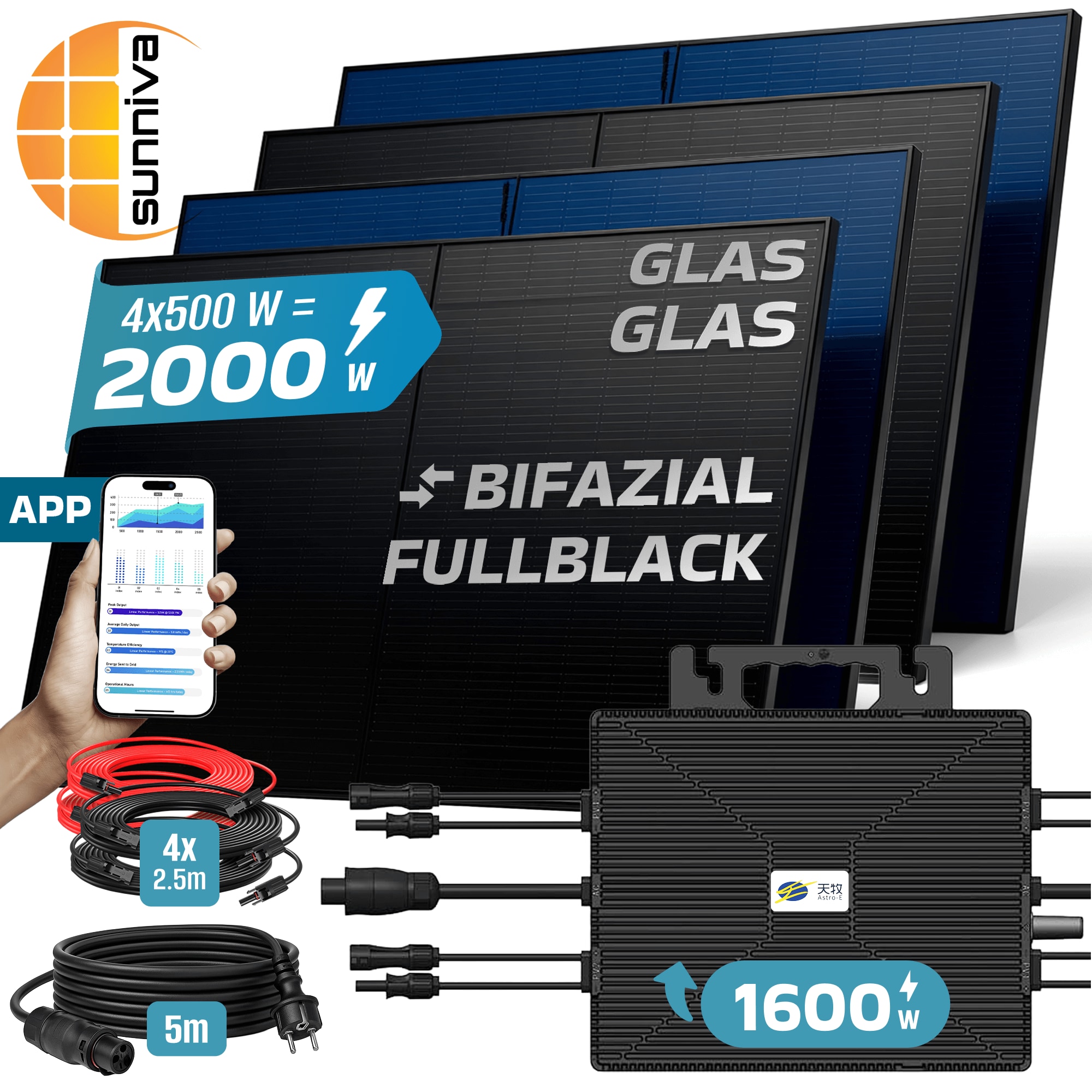 SUNNIVA&reg; 2000W Balkonkraftwerk BIFAZIAL FULLBLACK komplett Steckdose ASTRO-E 1600 Watt Wechselrichter, PV Solaranlage Komplettset, 4x 500W N-Type Glas-Glas Bifacial Solarmodule, 5m Kabel & 4x 2.5m Solarkabel 