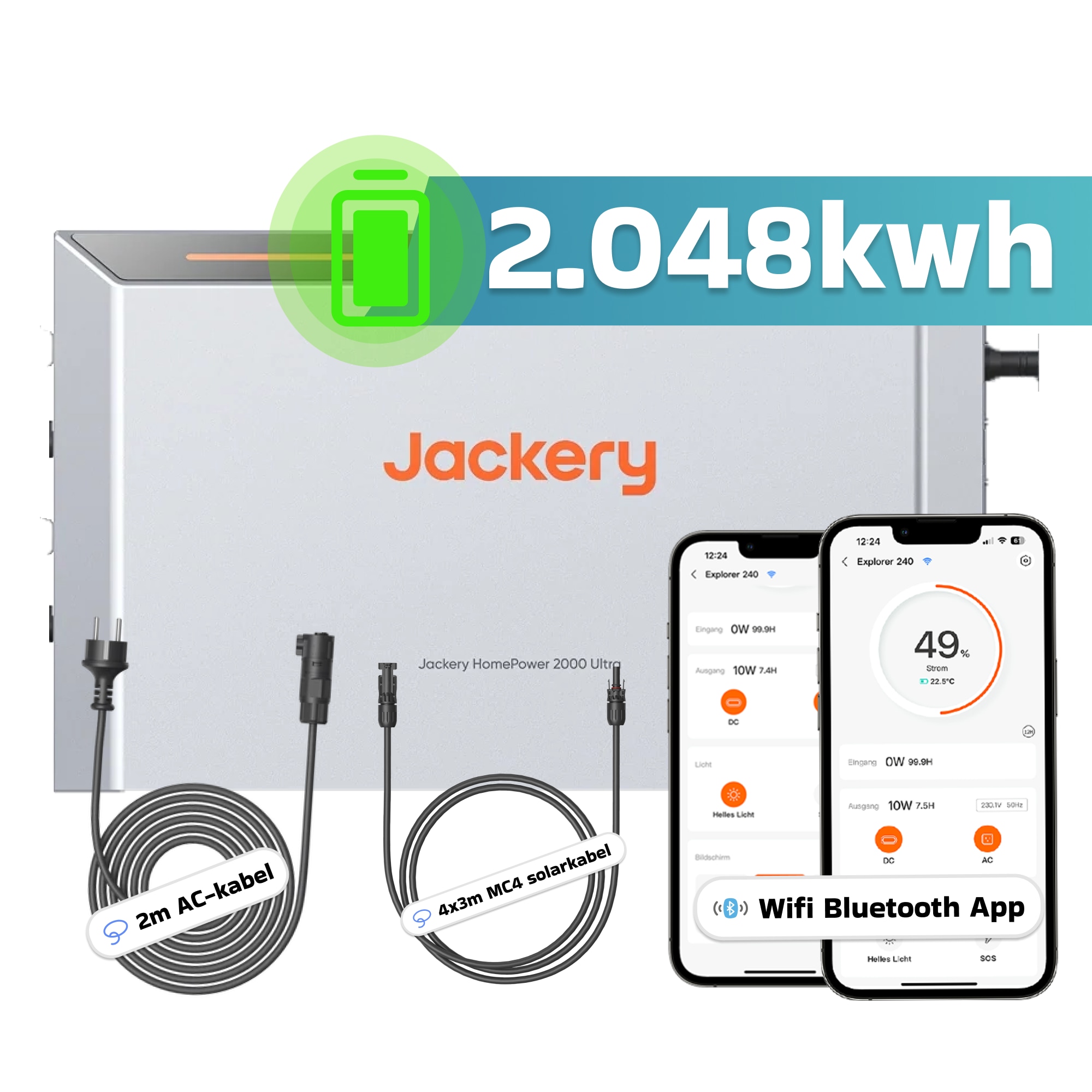 Jackery HomePower 2000 Ultra 2,048 kWh Solarspeicher LiFePO4, erweiterbar bis 8 kWh mit Zusatzakku, IP65, 2800 W PV Eingang, Smart App, Speicher Batterie f&uuml;r Balkonkraftwerk Solaranlage 