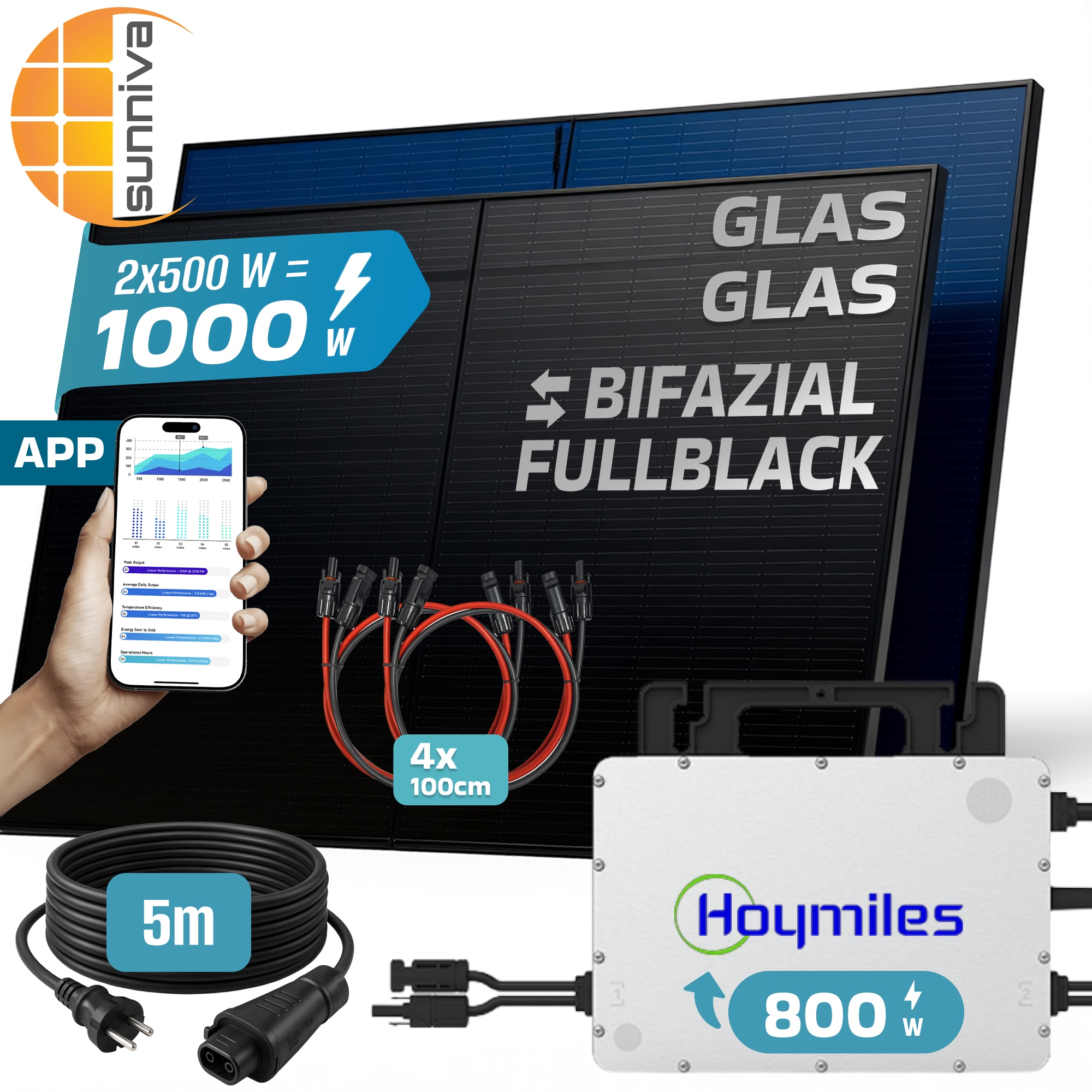 SUNNIVA&reg; 1000W Balkonkraftwerk BIFAZIAL FULLBLACK komplett Steckdose HOYMILES 800W Wechselrichter, PV Solaranlage, 2x 500W Glas-Glas Solarmodule, inkl. 5m Kabel, Bluetooth WIFI, Komplettset 