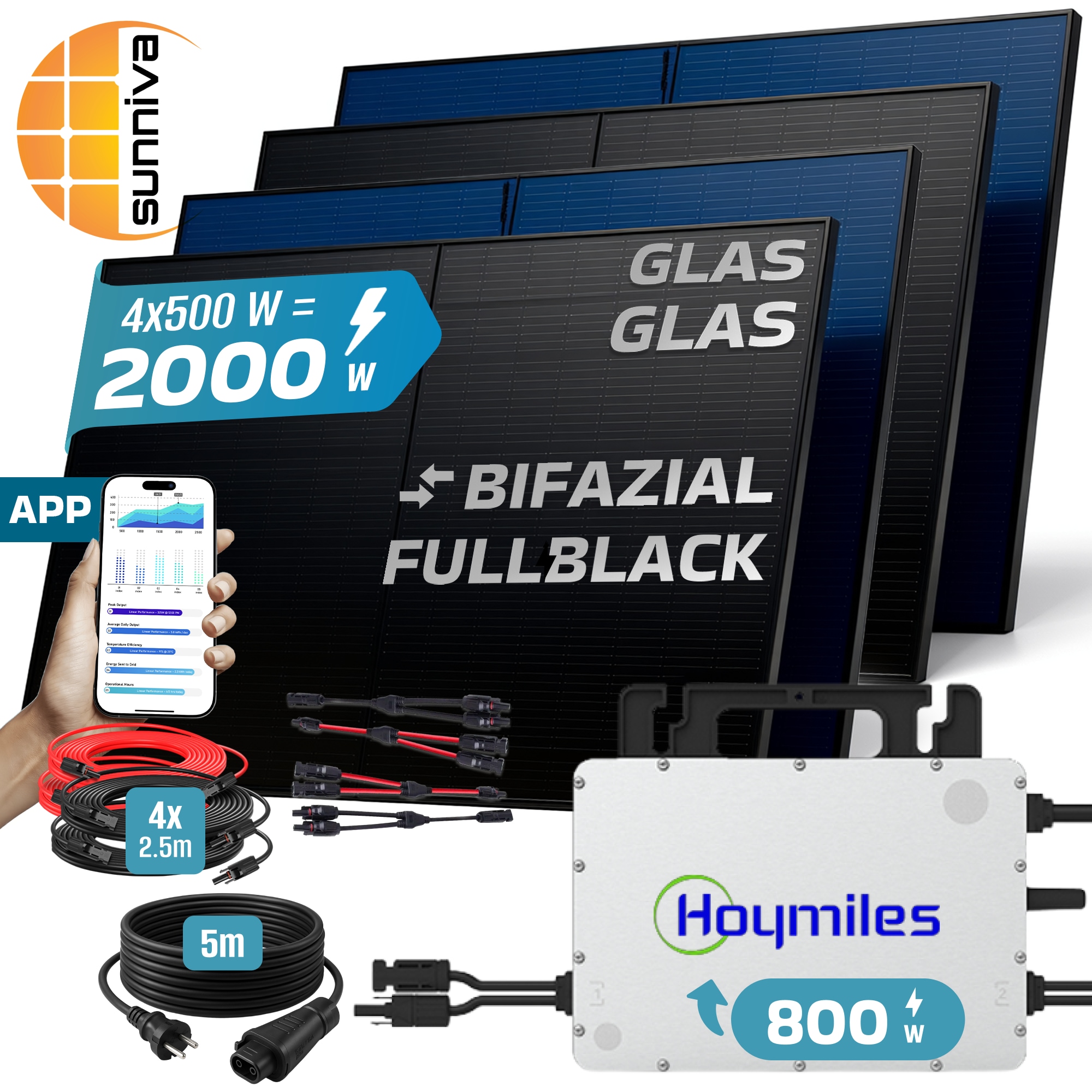 SUNNIVA&reg; 2000W Balkonkraftwerk BIFAZIAL FULLBLACK komplett Steckdose HOYMILES 800W Wechselrichter, PV Solaranlage, 4x 500W Glas-Glas Solarmodule, inkl. 5m Kabel, Bluetooth WIFI, Komplettset 