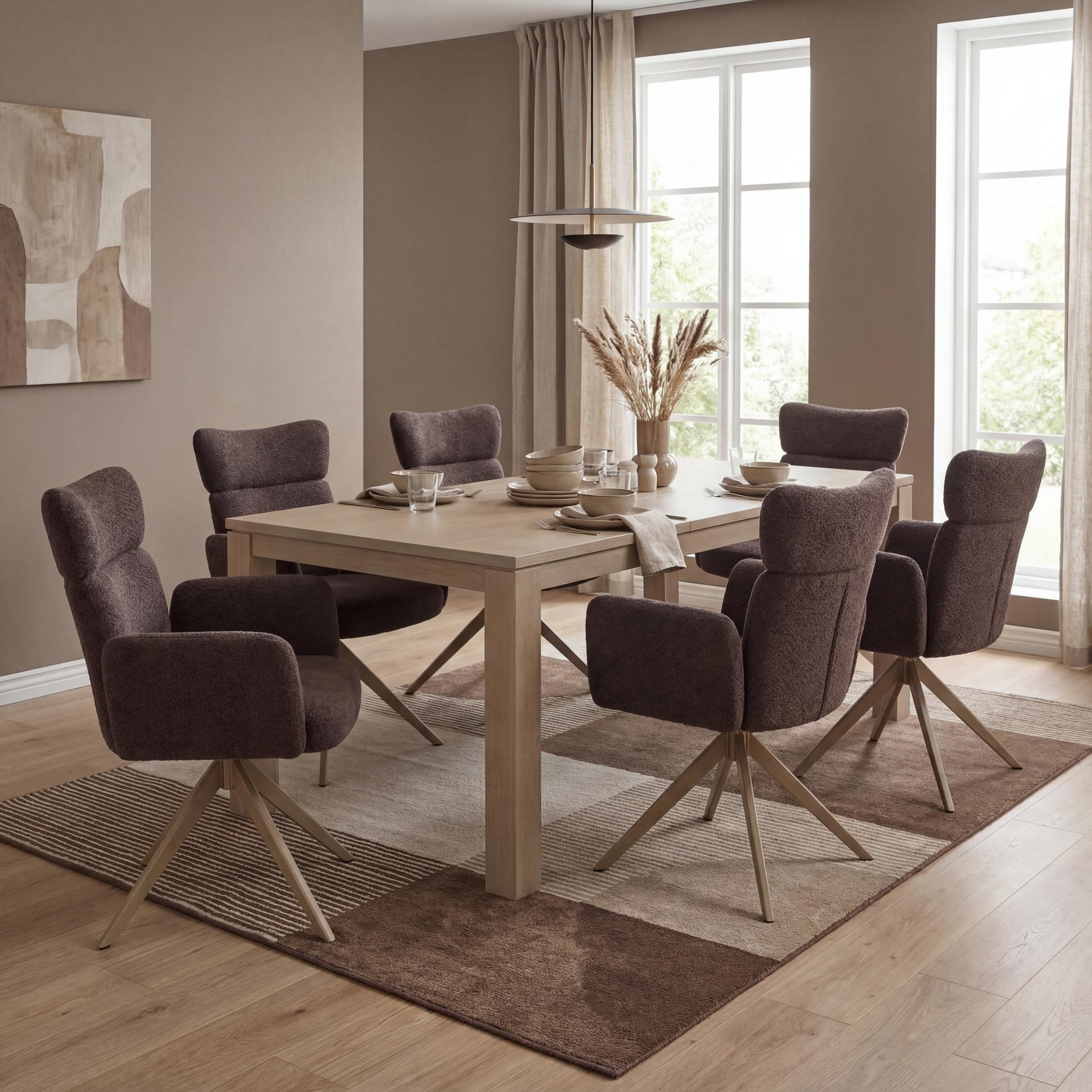 6er-Set Esszimmerstuhl MCW-N11, Stuhl, drehbar Auto-Return Stoff Boucl&eacute; 350g/m&sup2; &Ouml;ko-Tex ~ dunkelbraun, Beine Holz-Optik 