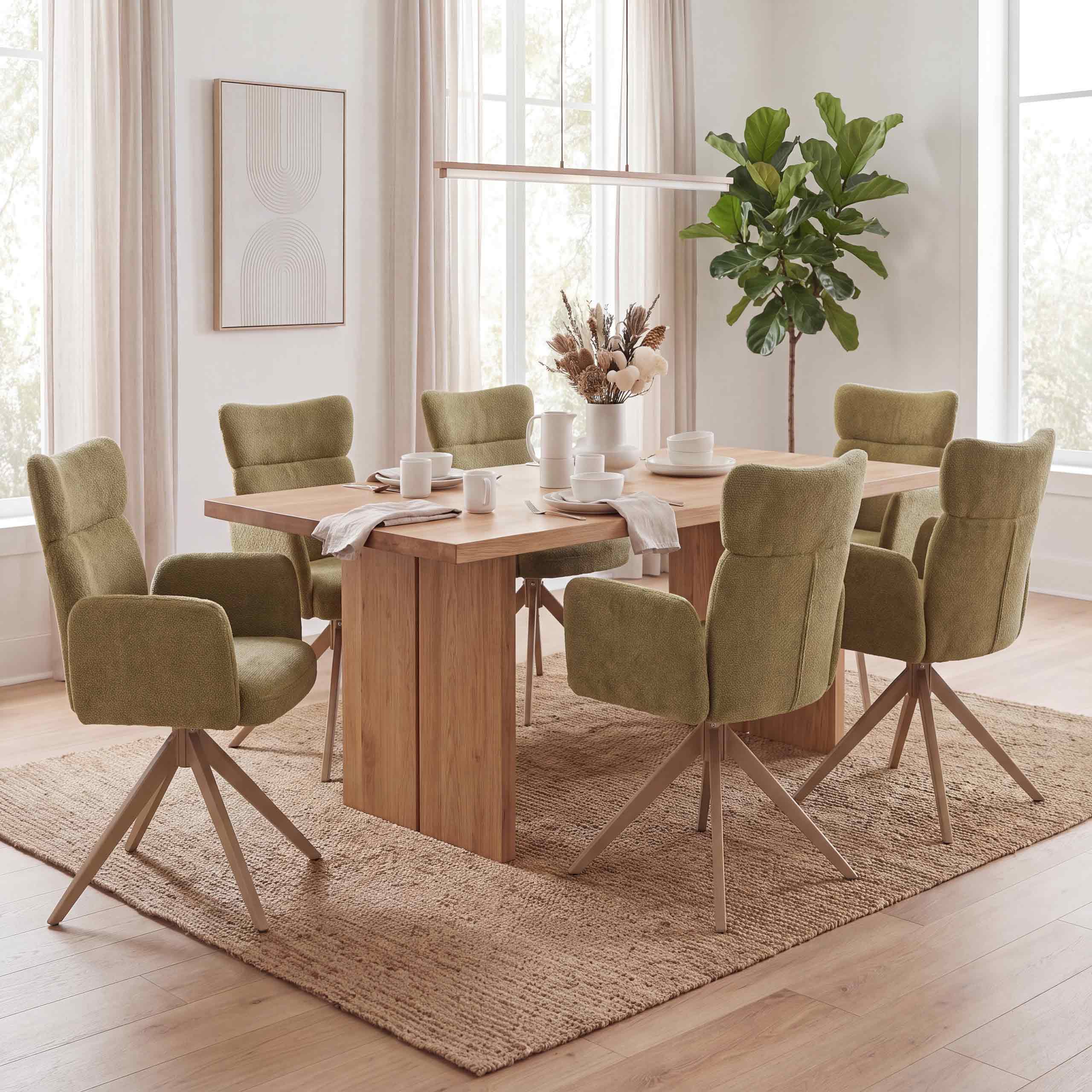 6er-Set Esszimmerstuhl MCW-N11, Stuhl, drehbar Auto-Return Stoff Boucl&eacute; 350g/m&sup2; ~ oliv, Beine Holz-Optik 